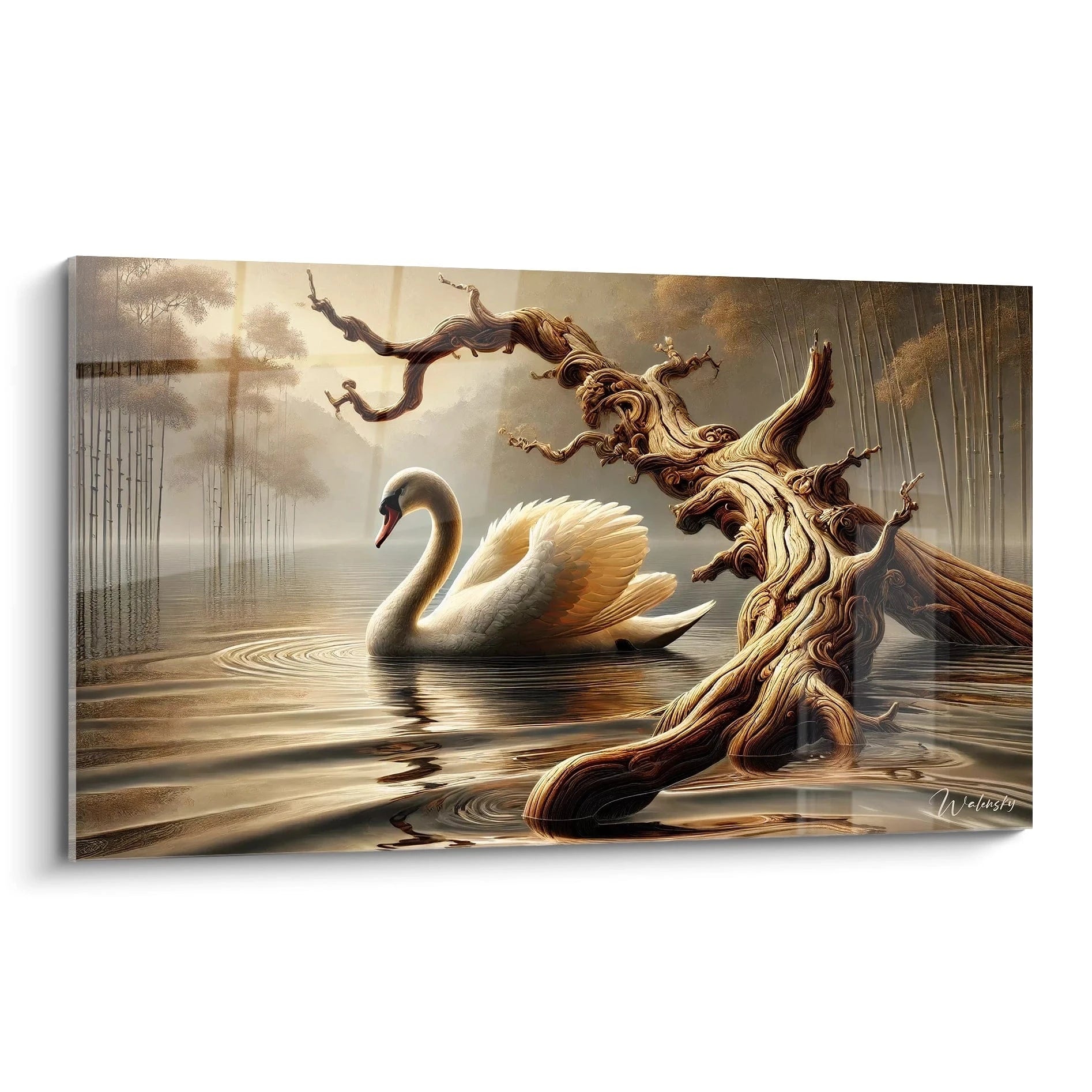 Tableau cygne vu de biais revelant les details subtils des plumes et des fleurs de cerisier Cette oeuvre capture l essence de la douceur et de la purete dans chaque nuance et texture