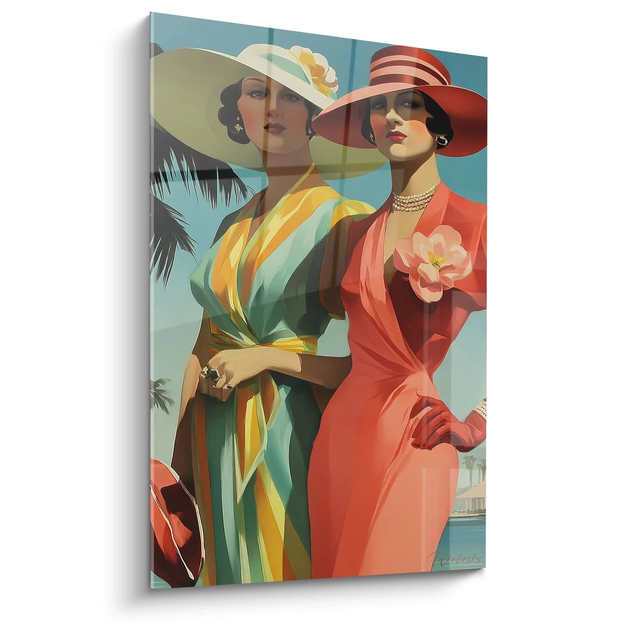 Tableau art déco femme représentant deux femmes élégantes en chapeaux colorés avec des robes stylées