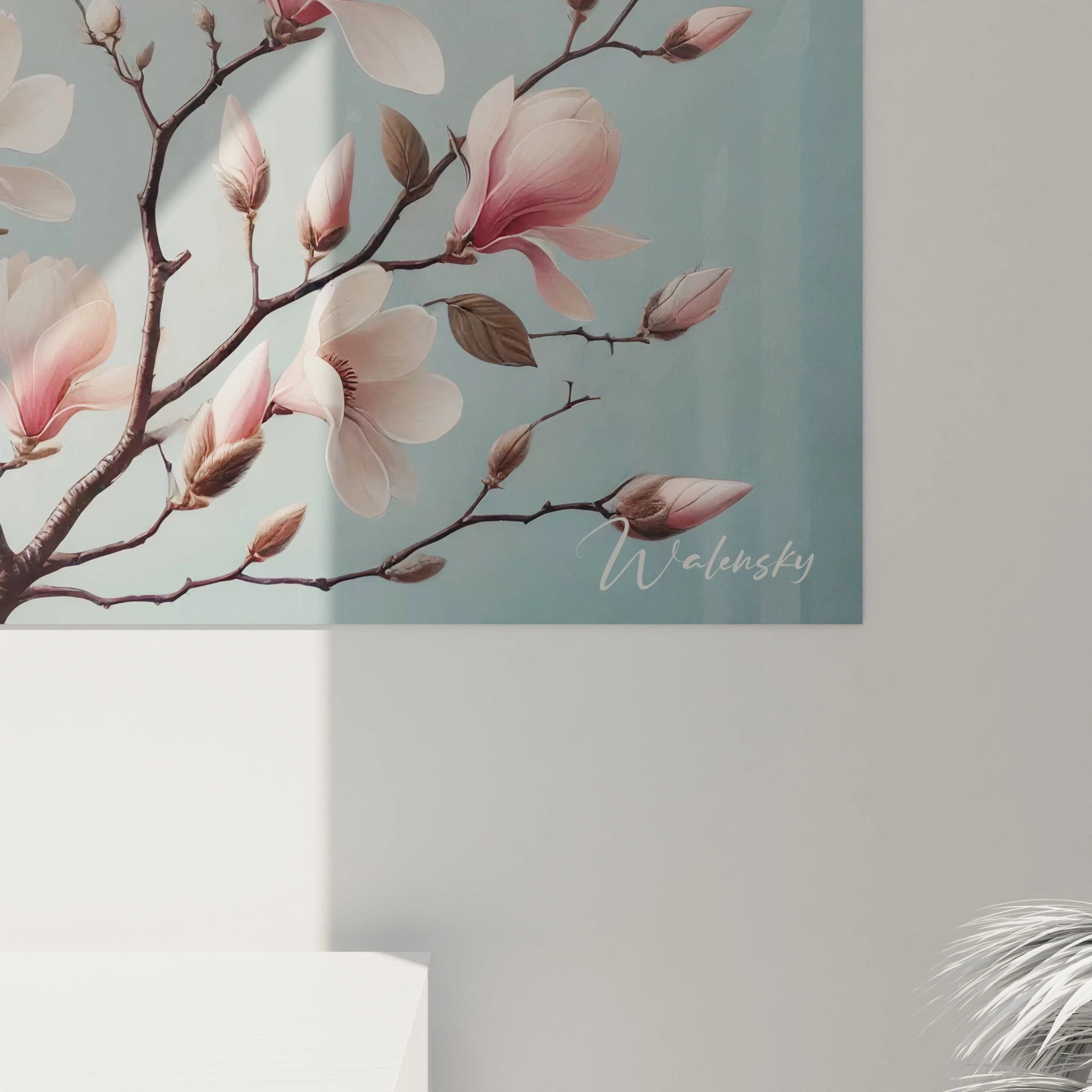 Vue rapprochee du tableau japonais, revelant la finesse des petales de magnolia. Style minimaliste et realiste, un hommage a la nature et a l’esthetique japonaise epuree.