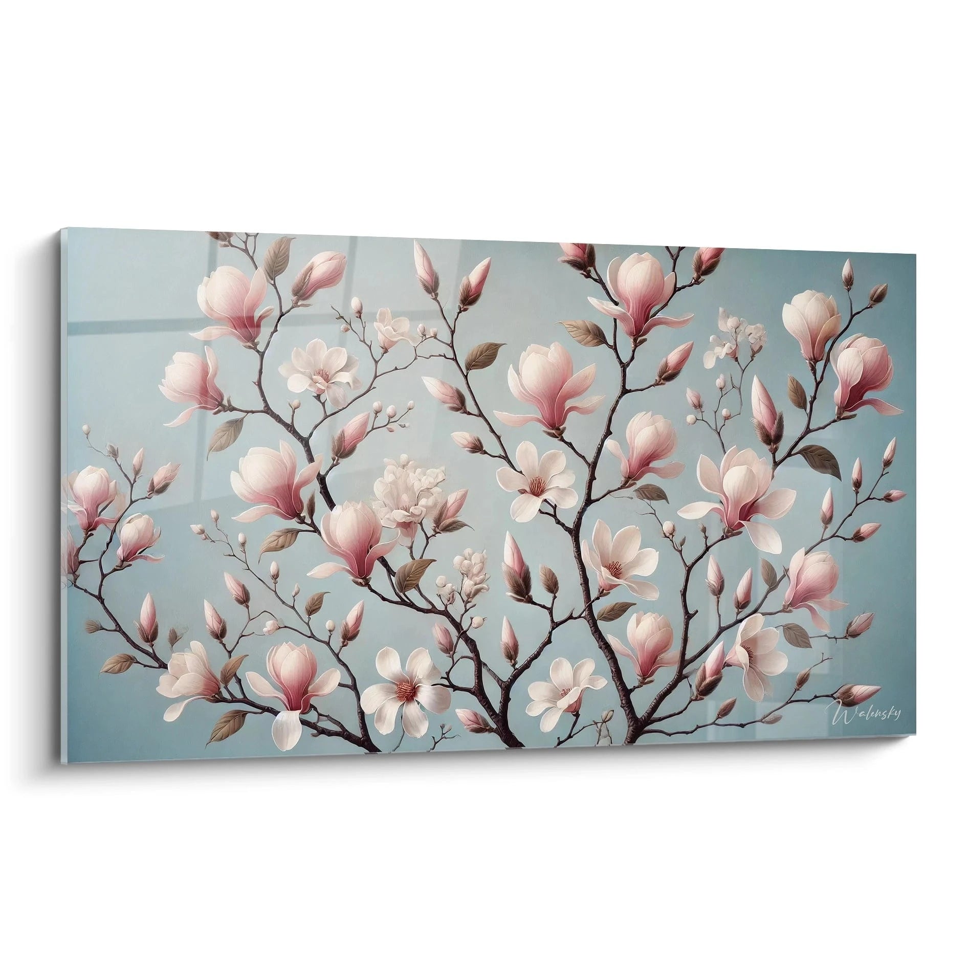 Tableau japonais avec fleurs de magnolia vu de biais, capture la beauté ephemere des fleurs sur fond bleu serein. Style realiste avec touches minimalistes pour un decor raffine.