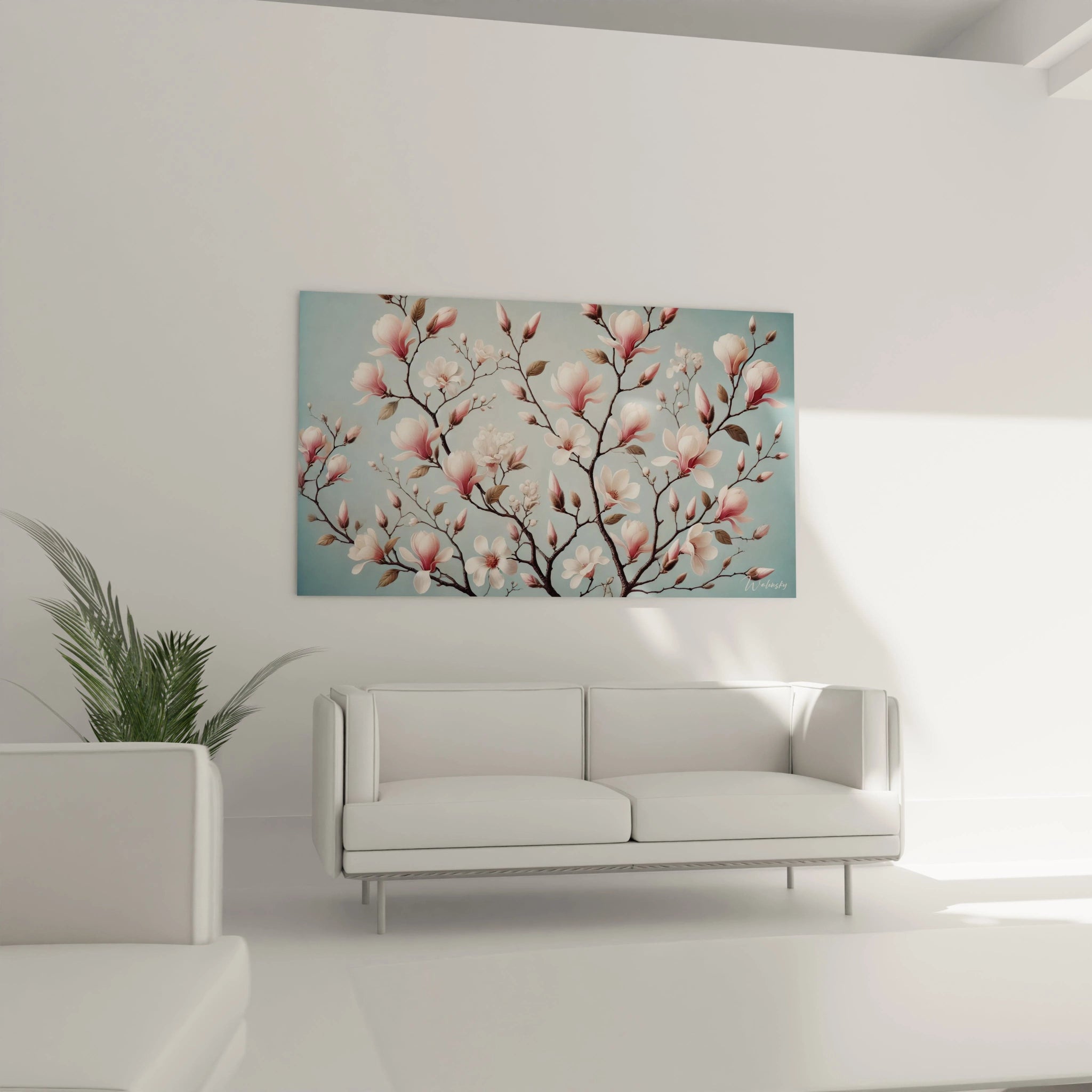 Tableau japonais au-dessus du canape, ideal pour sublimer un salon avec la beaute epuree des magnolias. Harmonie de nuances bleues et roses, parfait pour une ambiance zen.