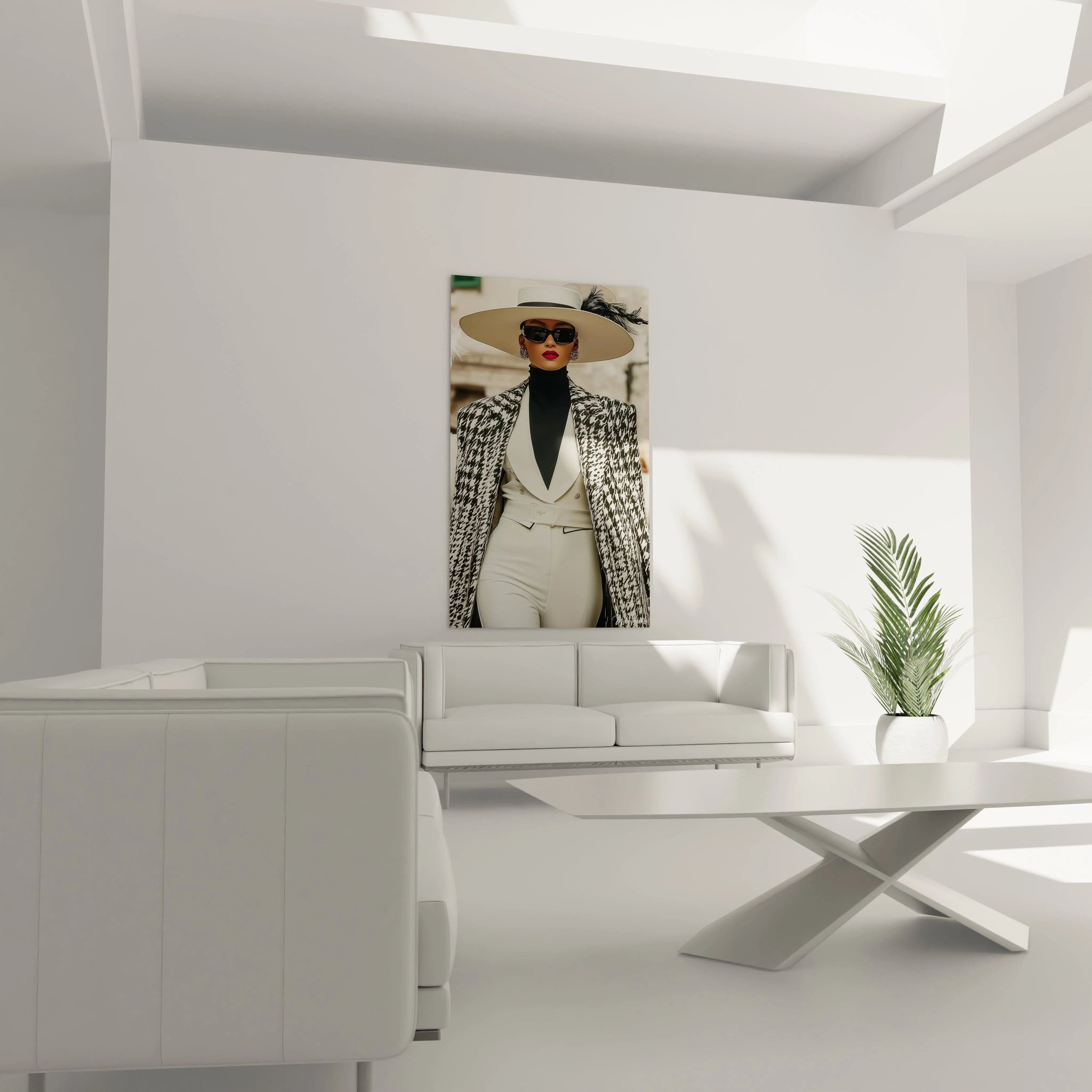 Tableau élévance française mettant en valeur une femme élégante dans un intérieur moderne