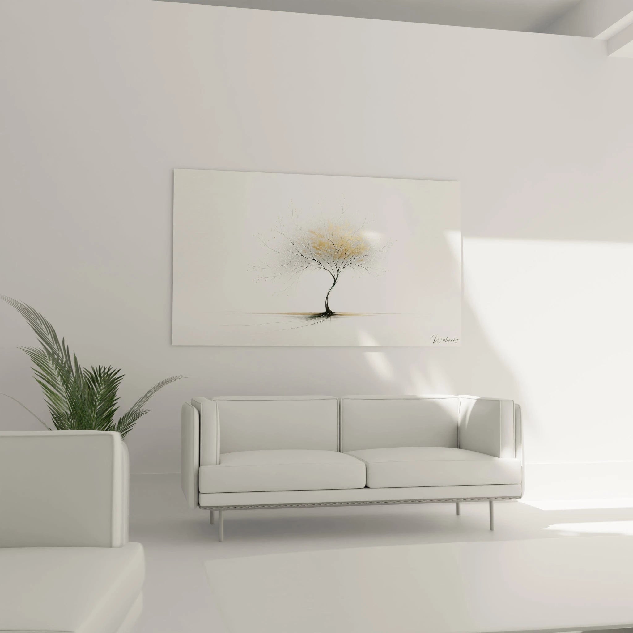 Tableau abstrait montrant un arbre gracieux en traits minimalistes. Palette restreinte de noir intense, blanc pur et or pâle. Tronc svelte et courbé surmonté de branches ramifiées portant un feuillage nuageux. Composition épurée avec arbre centré sur fond blanc et racines esquissées discrètement.