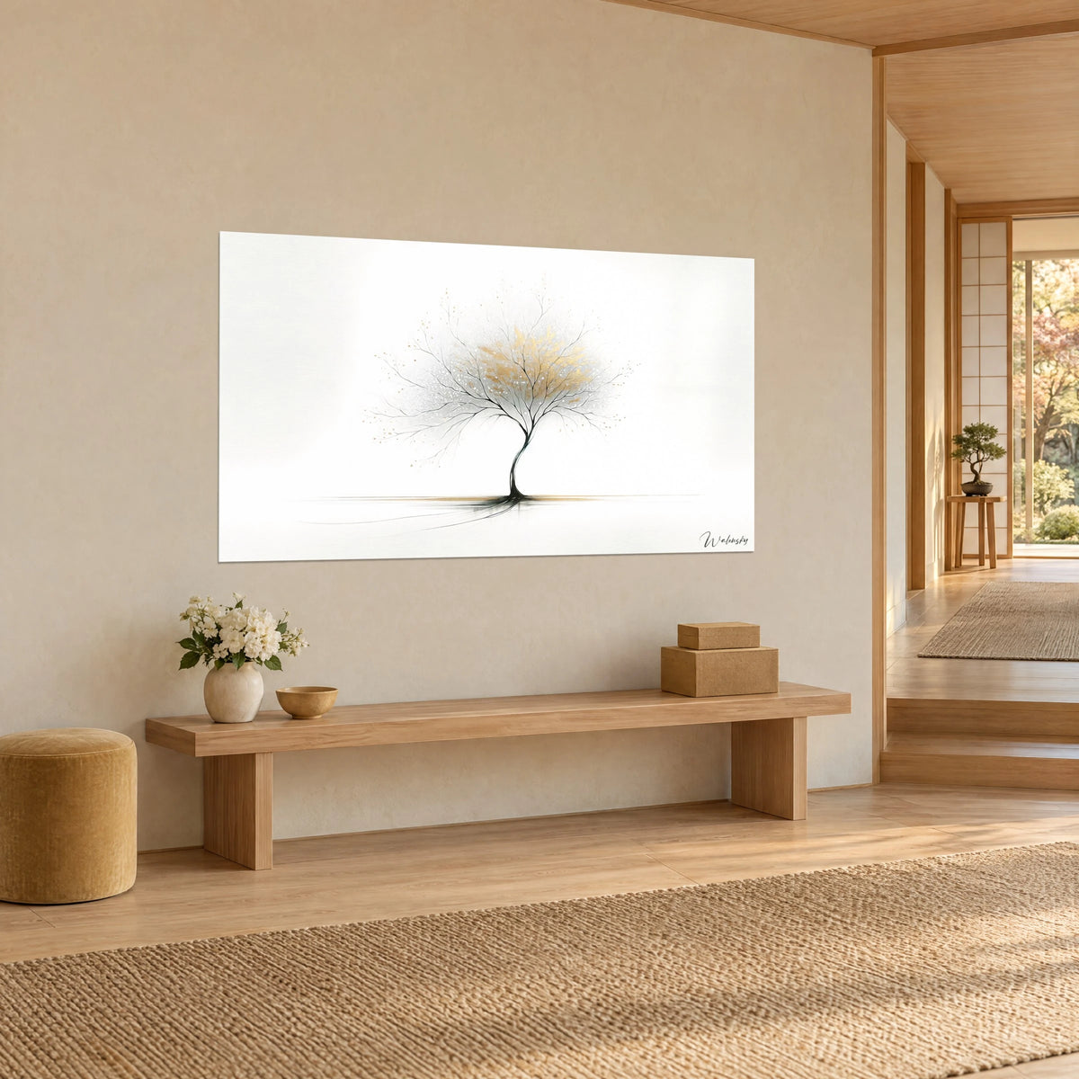 Schilderij van een boomsilhouet met goudocher kruin en een kronkelige zwarte stam, lichte houten bank, in een japandi-gang