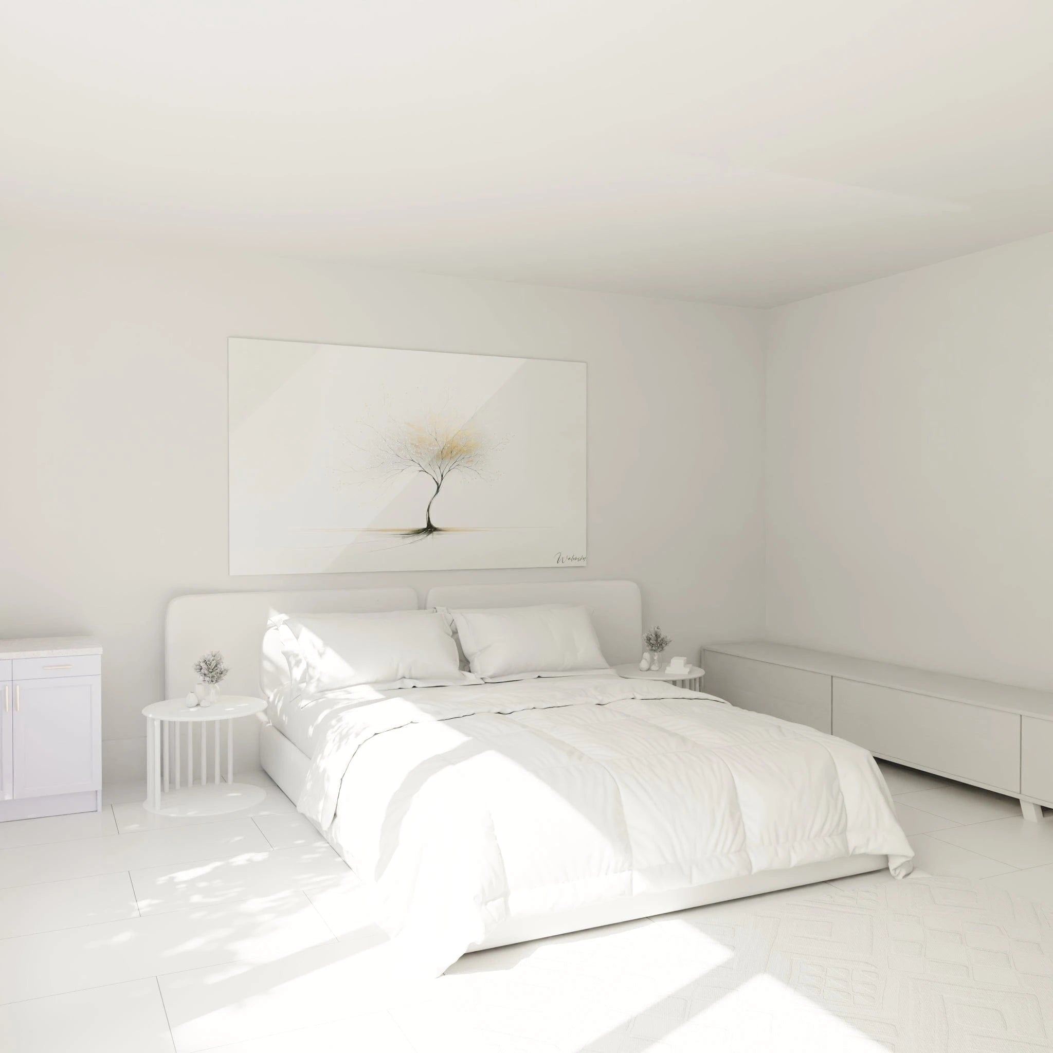 Tableau abstrait figurant un arbre épuré aux lignes fines. Dominantes de noir, blanc et touches dorées. Silhouette gracile avec tronc effilé et ramifications aériennes. Structure asymétrique avec feuillage vaporeux évoqué par brume dorée et grise. Base ancrée sur fine ligne horizontale avec ombre légère.