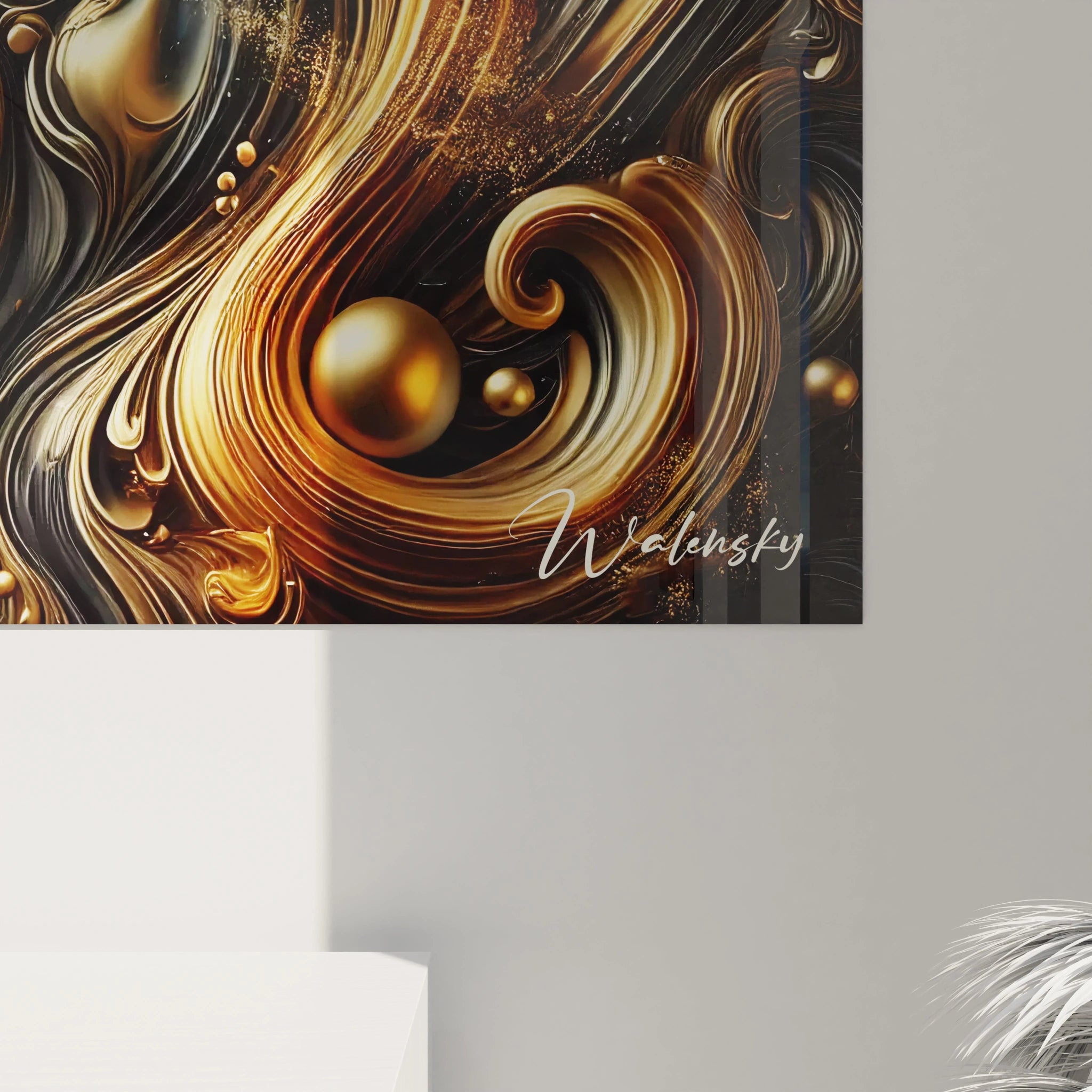 Vue rapprochée d'un angle en bas à droite d'un tableau Essence Sauvage en verre acrylique - Détails de qualité exceptionnelle - Art mural géant avec finition parfaite - Décoration murale inspirée par la nature - Matériaux de haute qualité et design naturel