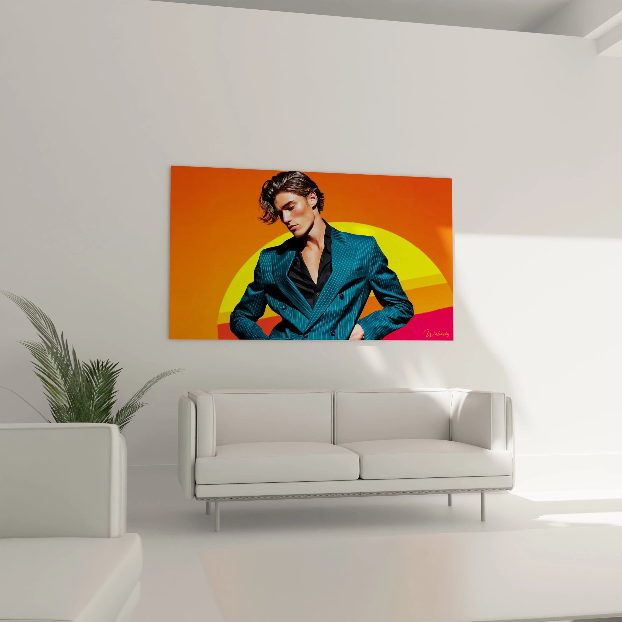 Tableau art mural masculin de Walensky avec un homme en costume bleu sur fond orange