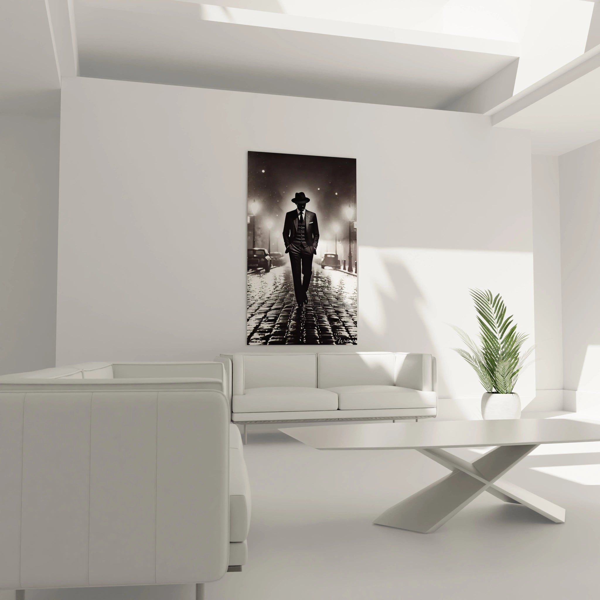 tableau noir et blanc dans un salon suspendu au-dessus d’un canapé ce tableau met en lumière une silhouette énigmatique et des pavés réfléchissants parfait pour un décor moderne et sophistiqué