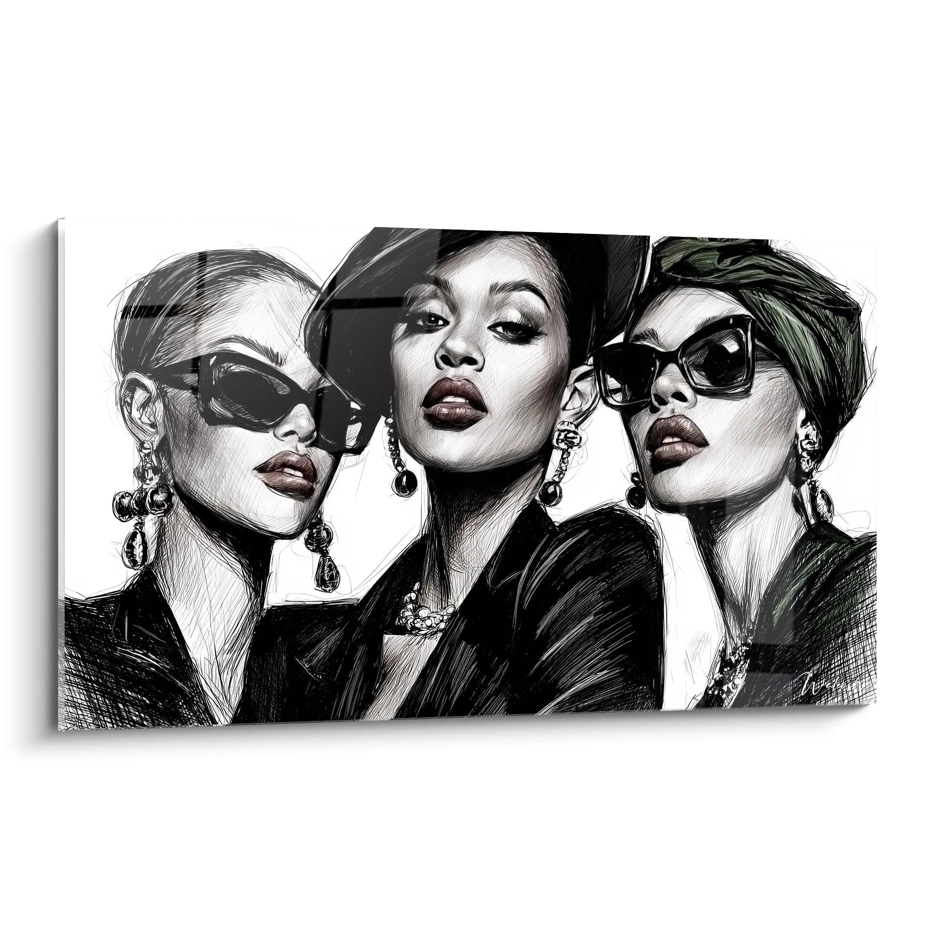 Tableau illustration de mode représentant trois femmes élégantes portant des lunettes de soleil et des accessoires raffinés