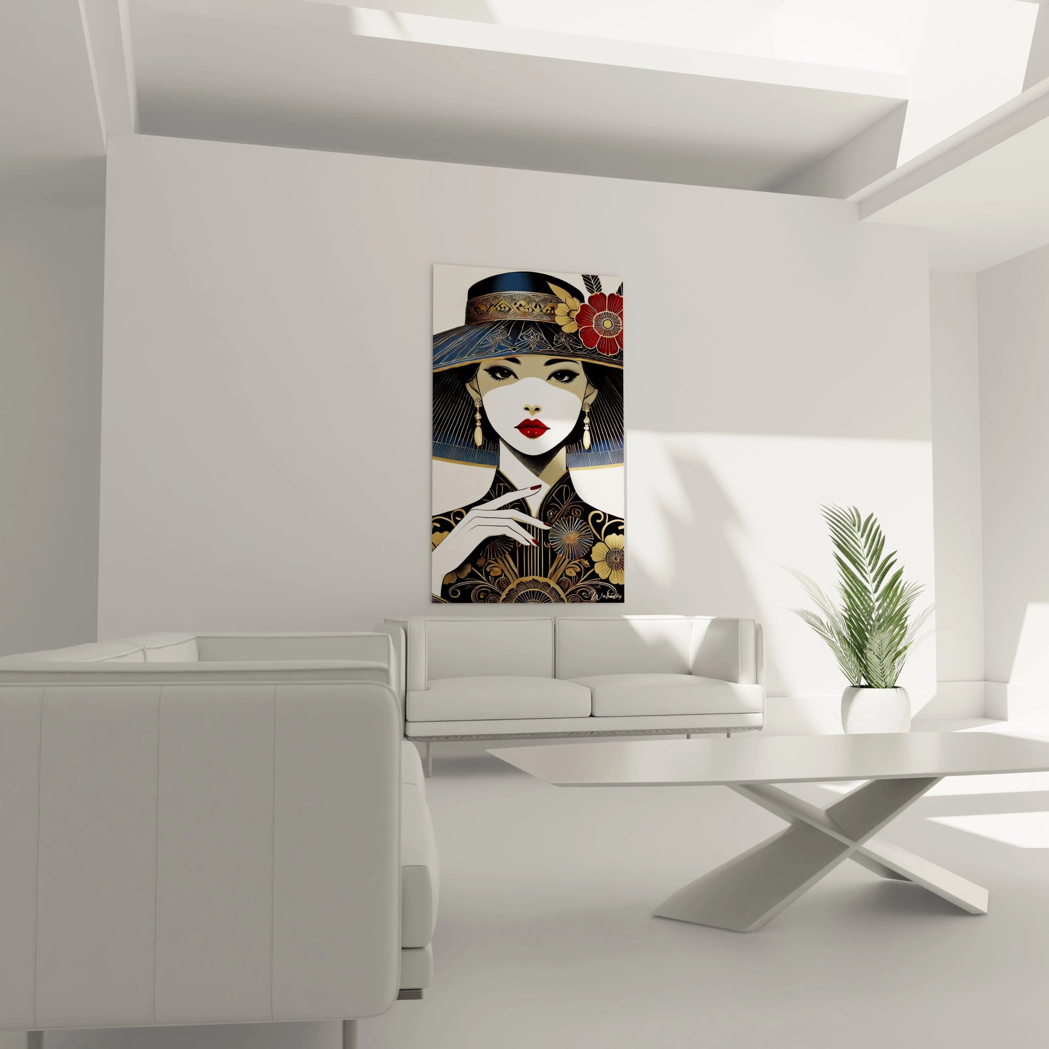 tableau asie au mur au-dessus du canapé dans un salon sophistiqué contraste élégant noir et or motifs floraux raffinés rayonnent élégance et sophistication ambiance moderne et raffinée