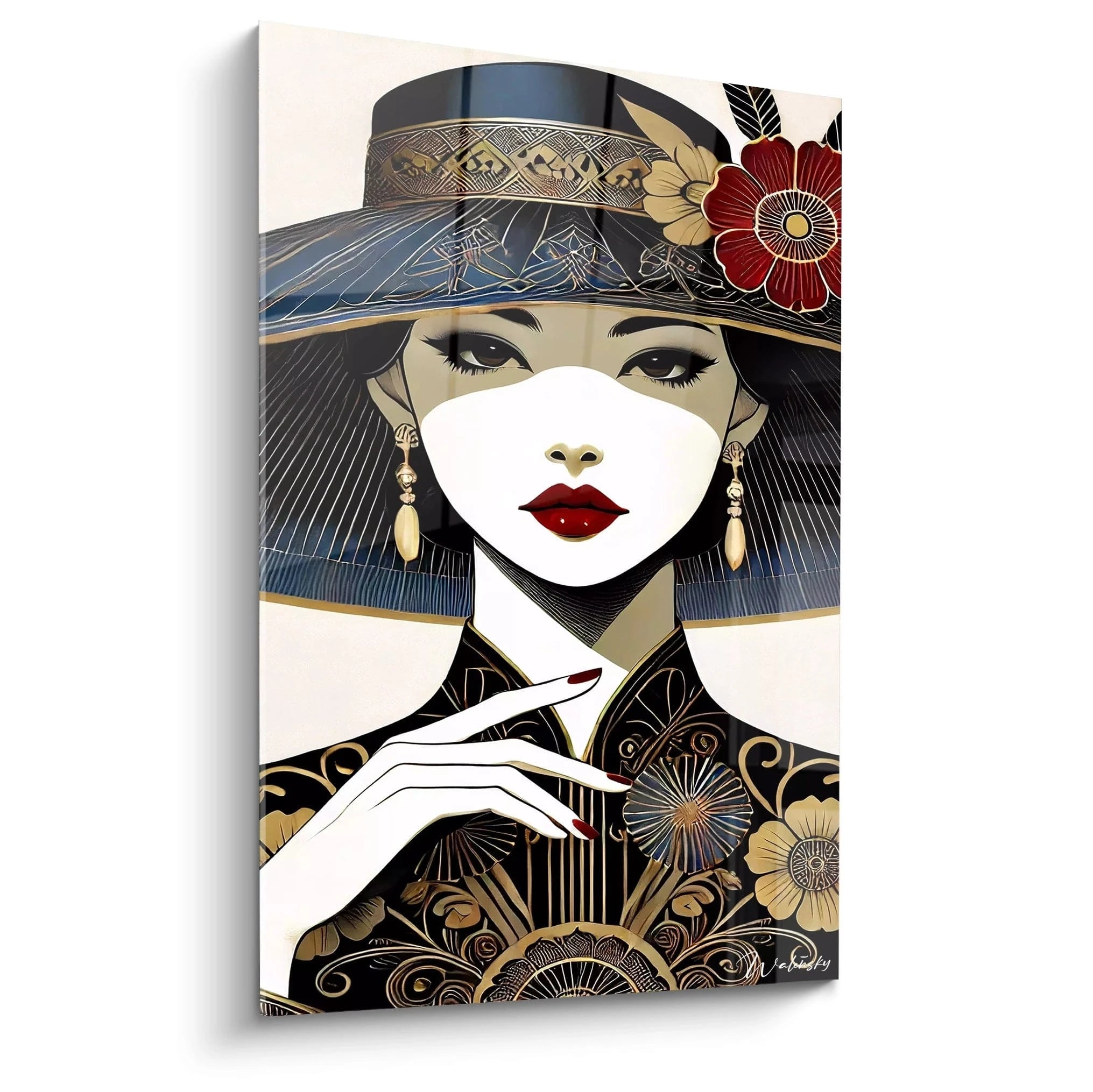 tableau asie vu de biais avec des motifs floraux dorés sur fond noir intense une femme mystérieuse au regard captivant lèvres rouges élégantes mélange de modernité et tradition asiatique