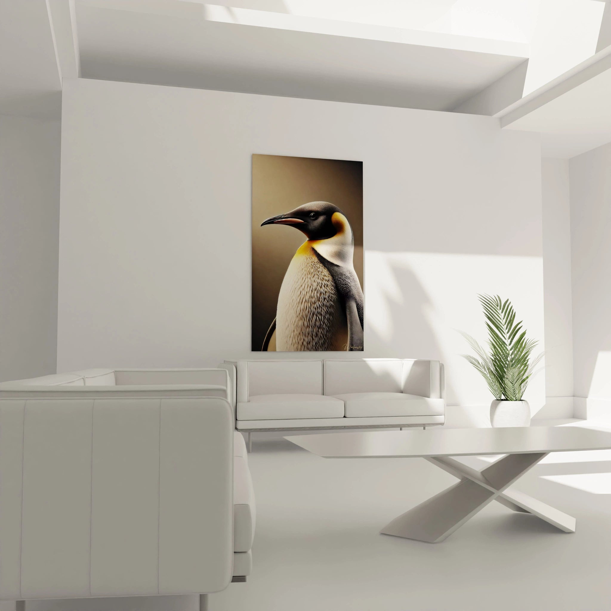 tableau manchot dans un salon, accroché au-dessus du canapé, capturant la majesté de cet oiseau polaire. Les couleurs noir, jaune et blanc s'intègrent parfaitement dans un intérieur contemporain.