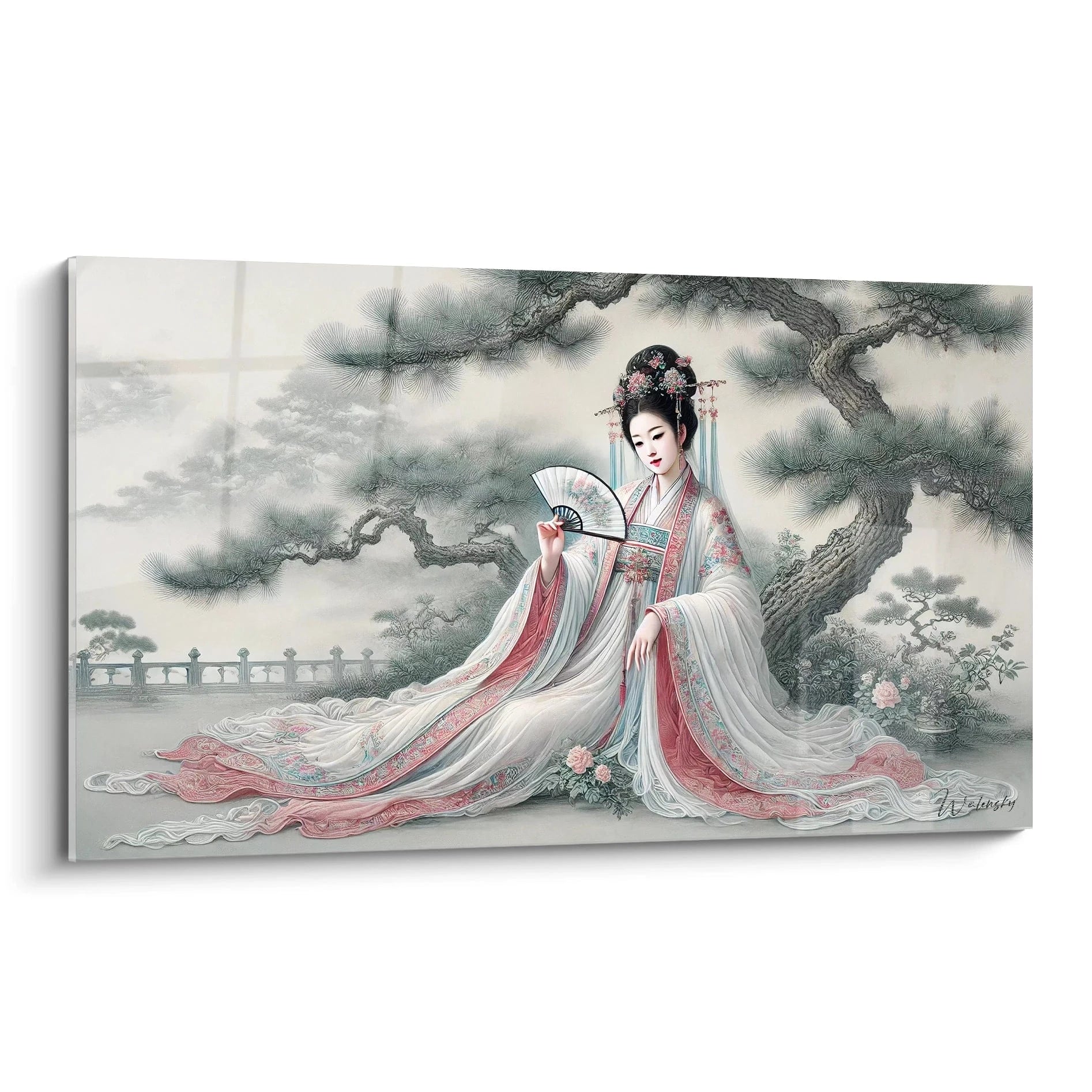 tableau chinois vue de biais, capture de la grace d une dame en kimono dans un jardin de pins, avec des couleurs pastel apaisantes qui soulignent la serenite et l elegance de cette scene artistique chinoise