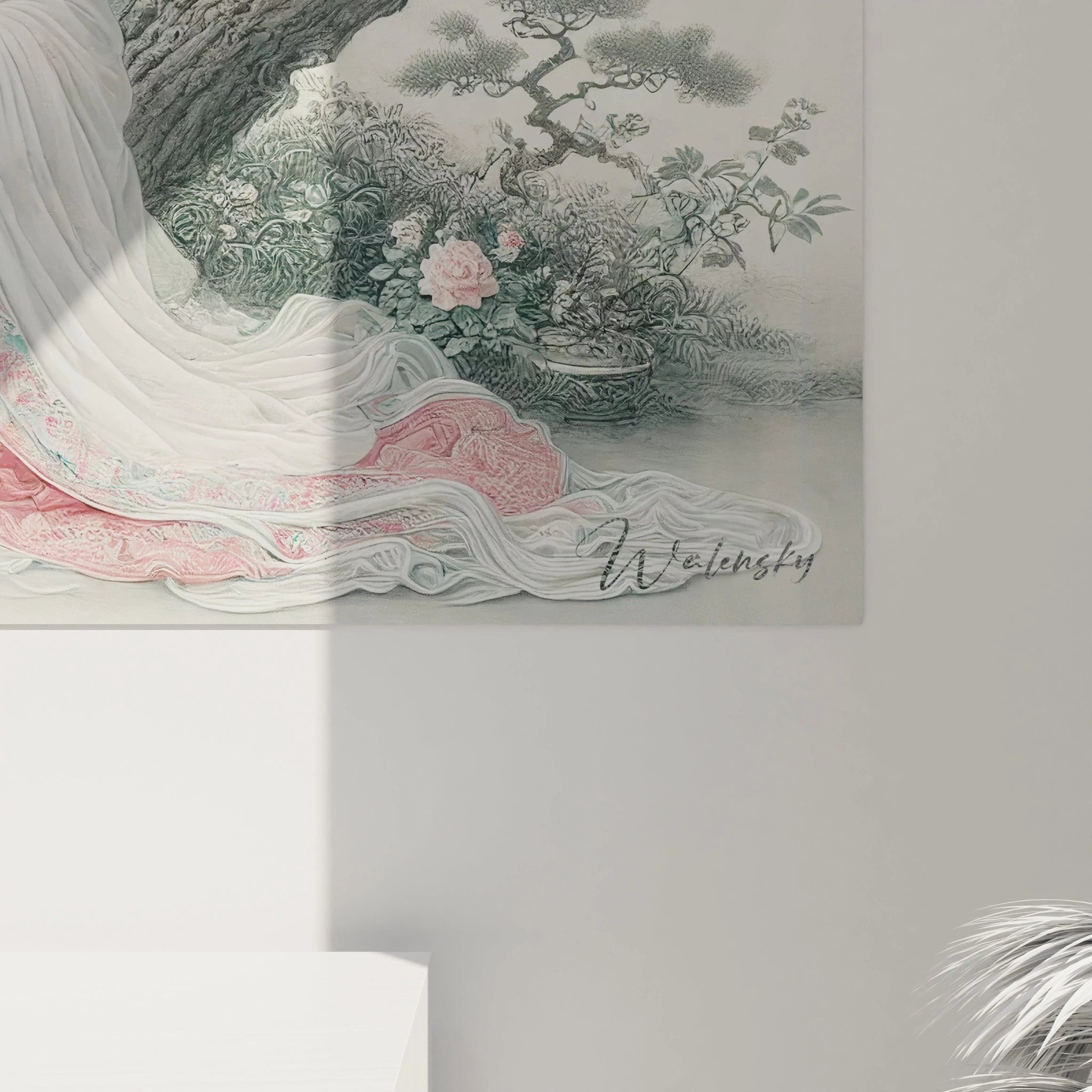 vue de pres du tableau chinois, chaque detail du kimono, des motifs floraux et des branches de pin revele l essence de l art chinois. Les couleurs pastel et la grace de la scene invitent a la contemplation