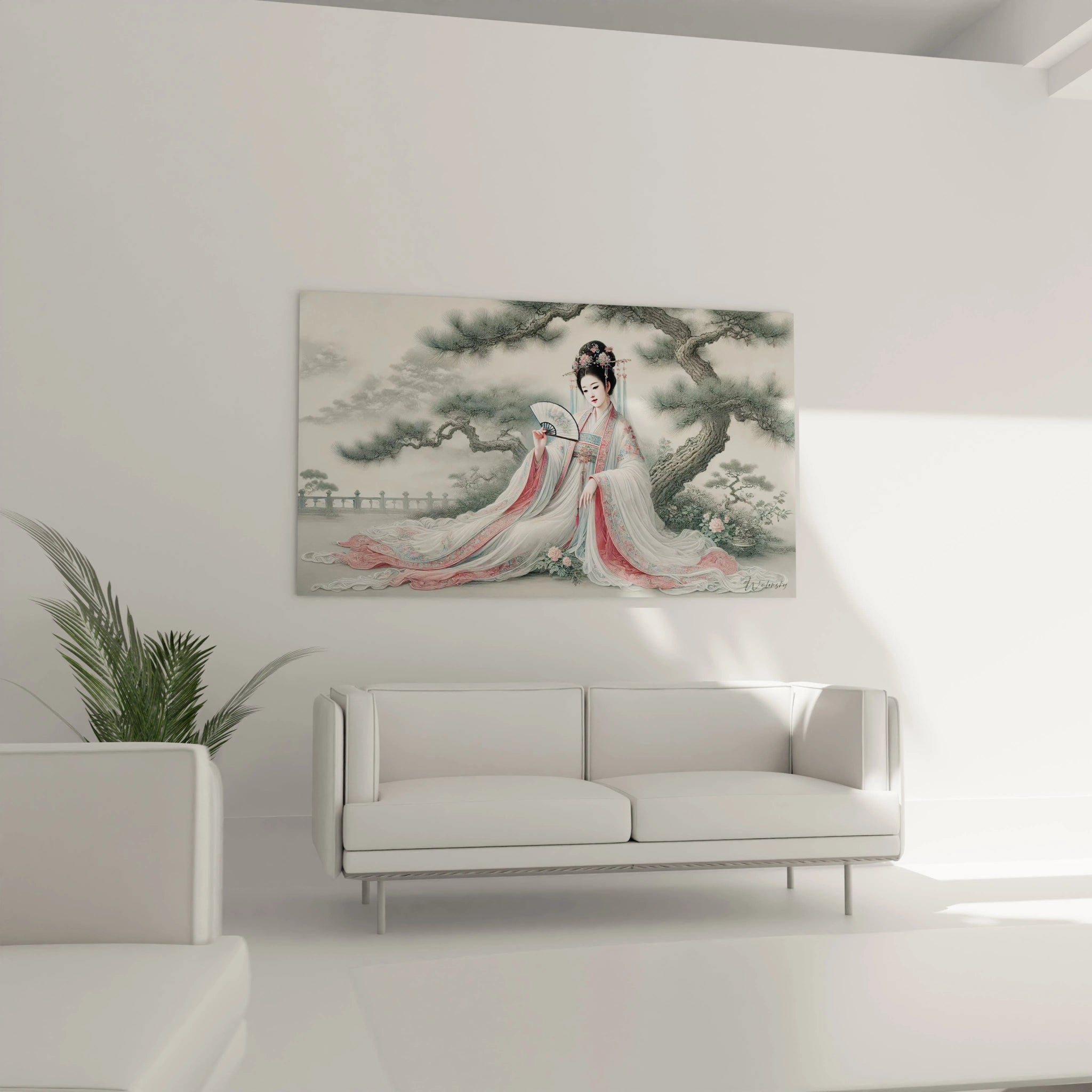 tableau chinois au dessus du canape, ideal pour un salon harmonieux. La representation elegante de la dame dans un jardin de pins s integre parfaitement a une decoration qui recherche calme et poesie