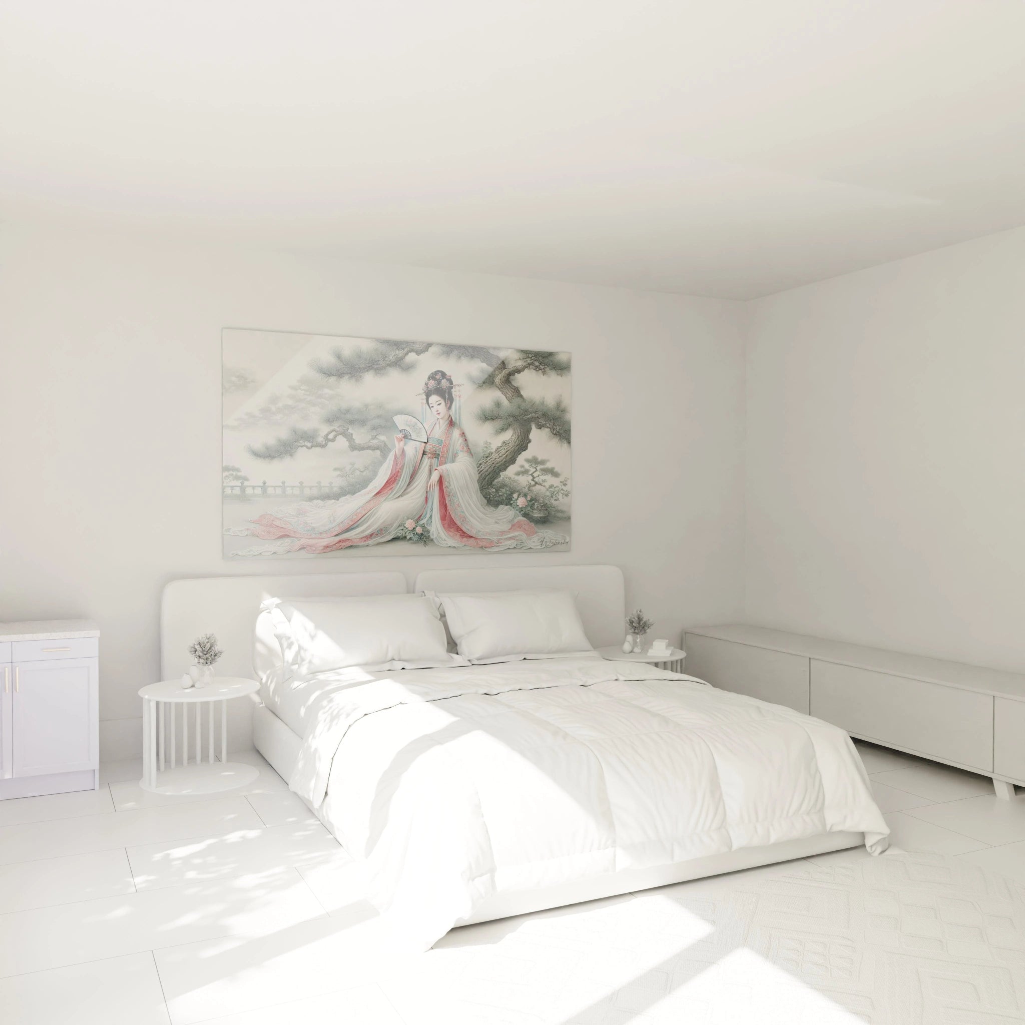 tableau chinois au dessus du lit, ce chef-d oeuvre cree une ambiance apaisante dans la chambre. La scene delicate de la dame et des pins en fond evoque une serenite qui eleve l espace interieur