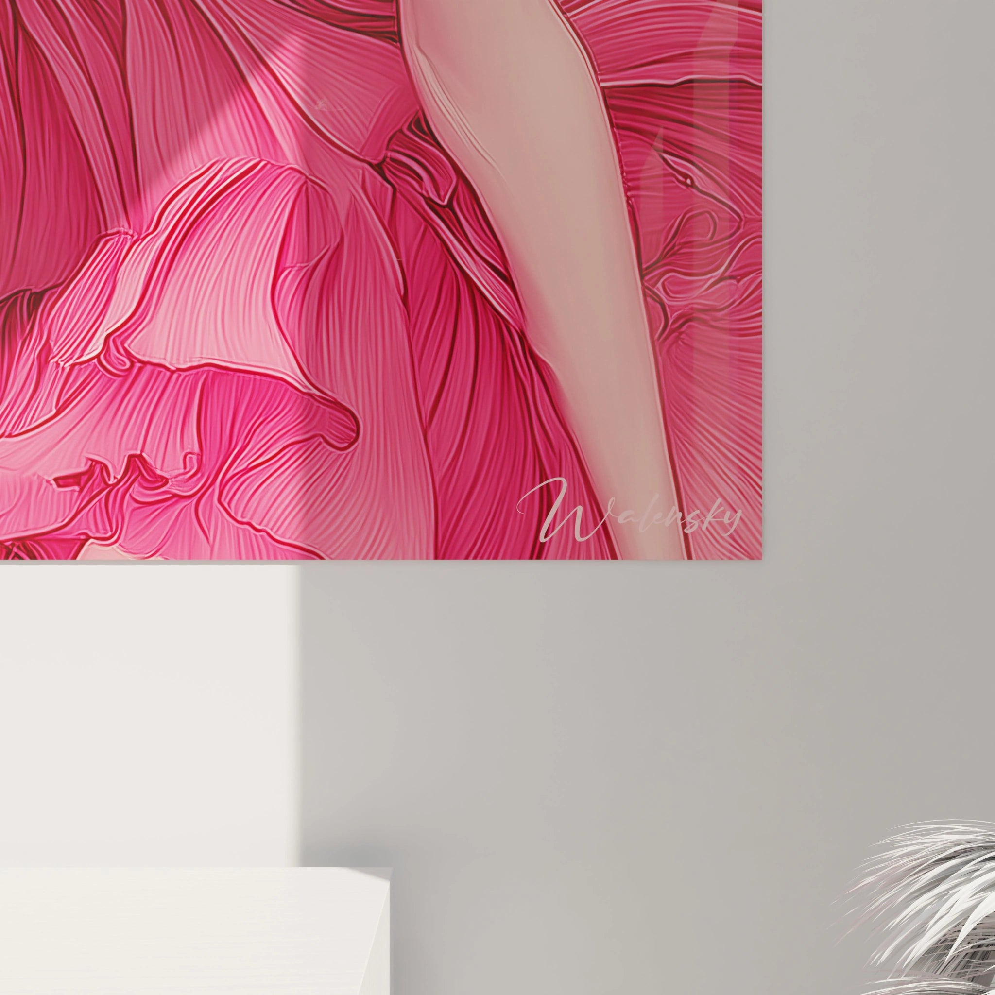 Tableau féminin élégant de Walensky avec une femme en robe rose vibrante et des textures fluides