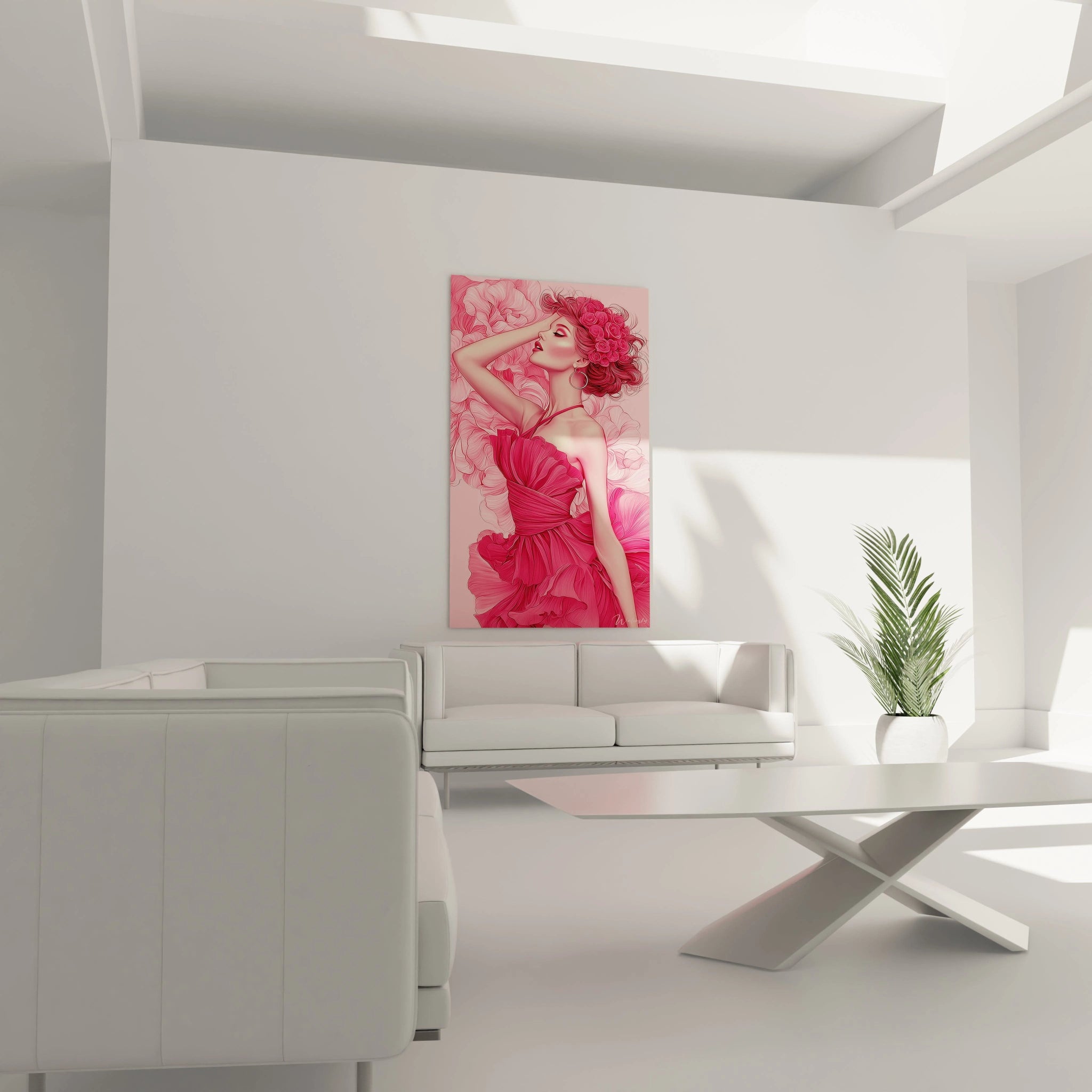 Tableau féminin élégant de Walensky avec une femme en robe rose sur fond floral
