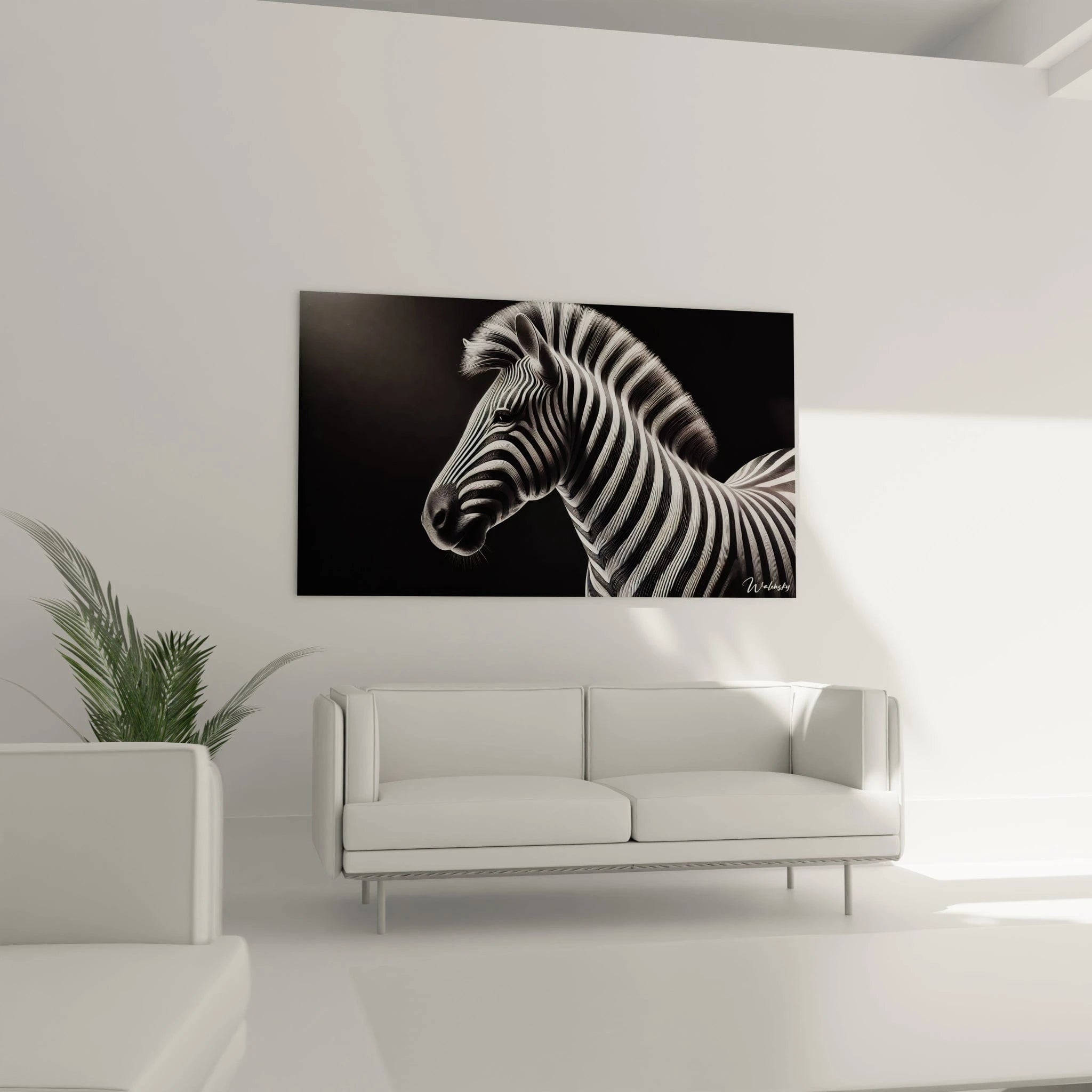 tableau zebre dans un salon au-dessus d’un canape motif naturel puissant rayures noir et blanc geometrie parfaite qui attire l’œil piece maitresse pour une decoration moderne et minimaliste