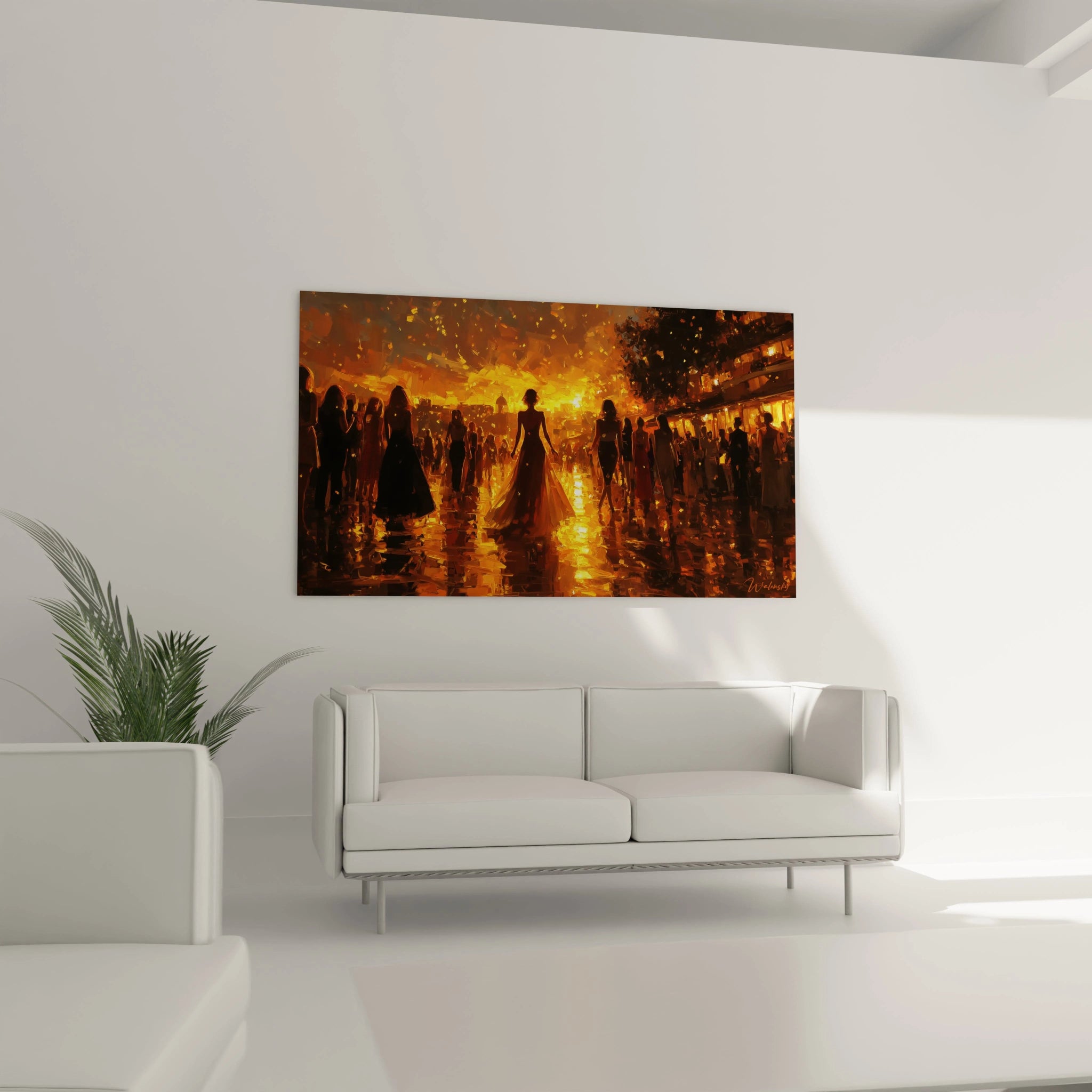 Tableau mural contemporain haut de gamme représentant une scène élégante avec des silhouettes dans une ambiance dorée.