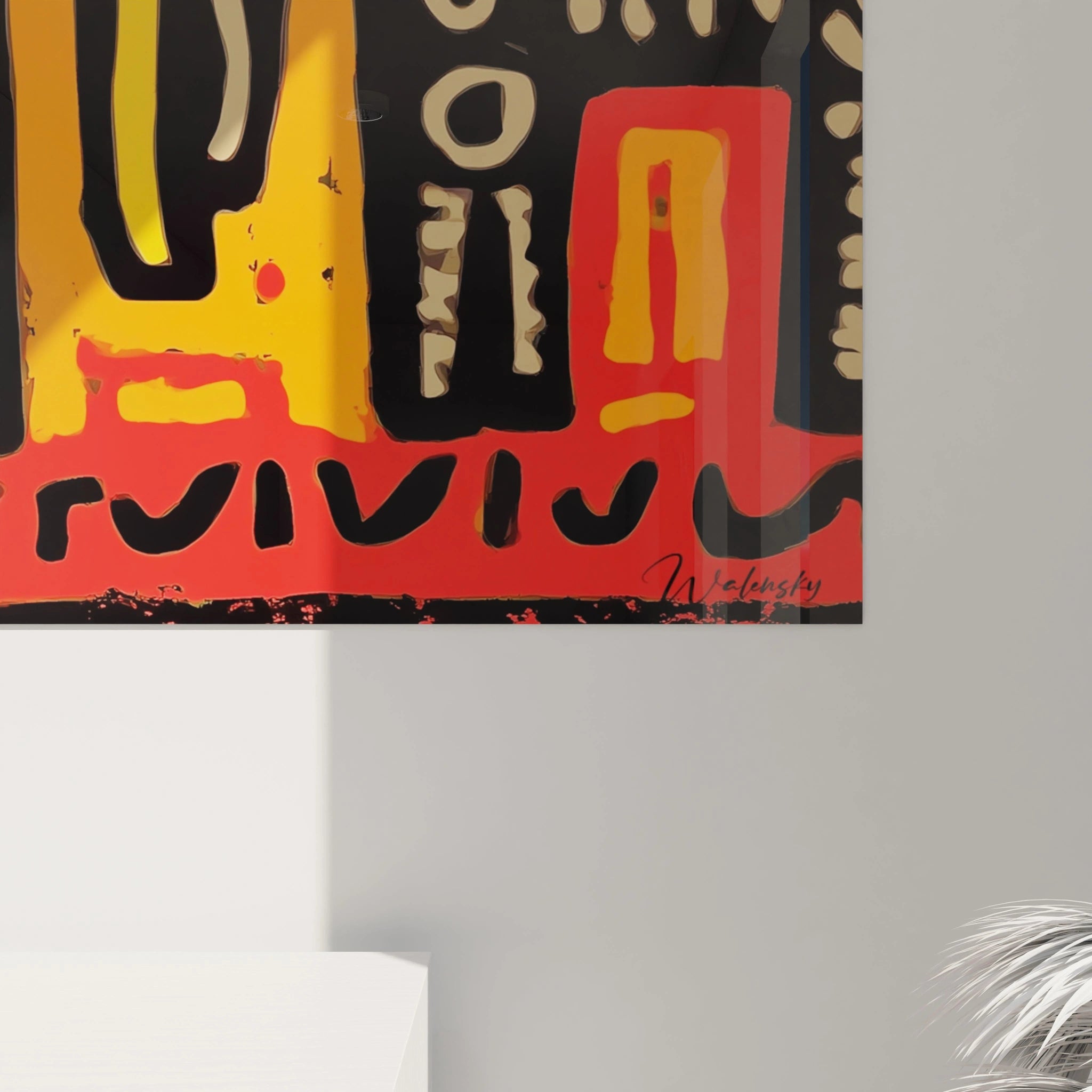 Tableau mural Walensky tableau éléphant art tribal abstrait rouge noir et jaune signé pour décoration murale