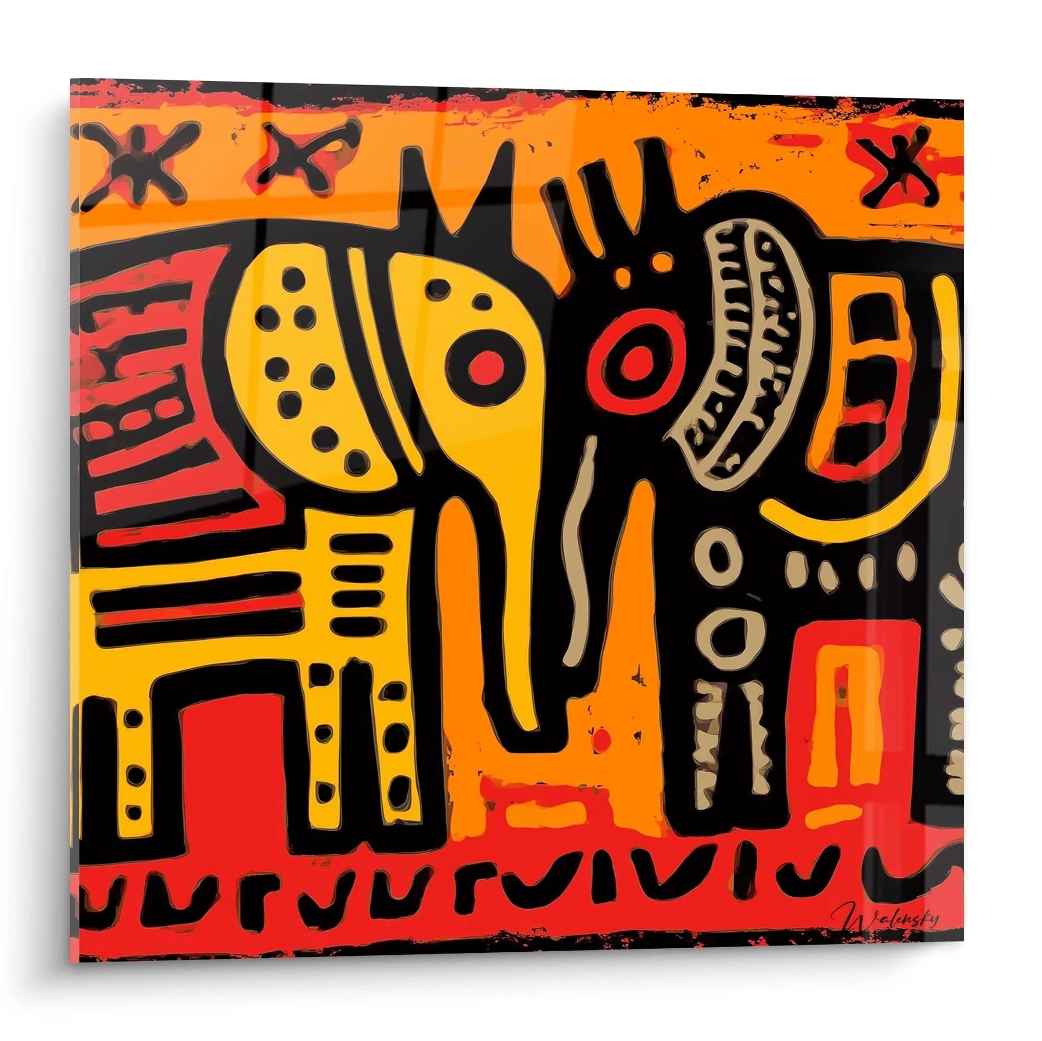 Tableau mural Walensky représentant deux éléphants stylisés en rouge orange jaune et noir tableau éléphant art tribal