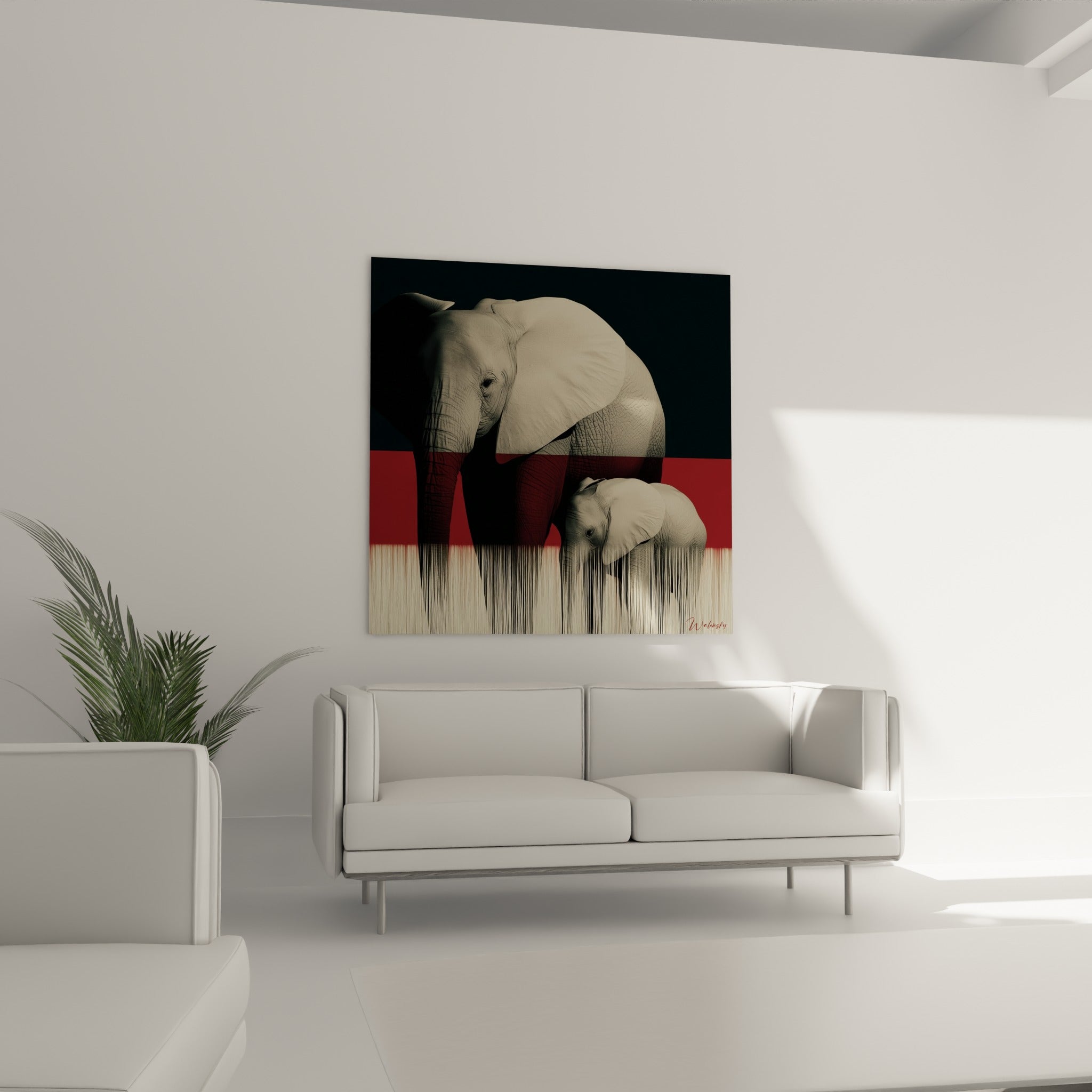 Duo d'éléphants gris anthracite et bande bordeaux profond, au-dessus d'un canapé dans un salon lumineux