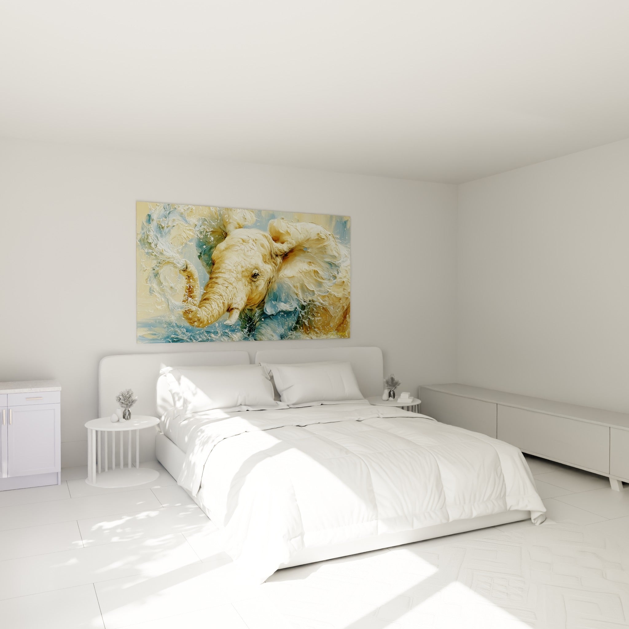 Trompe d'éléphant beige éclaboussant l'eau bleu ardoise, au-dessus d'un lit dans une chambre claire