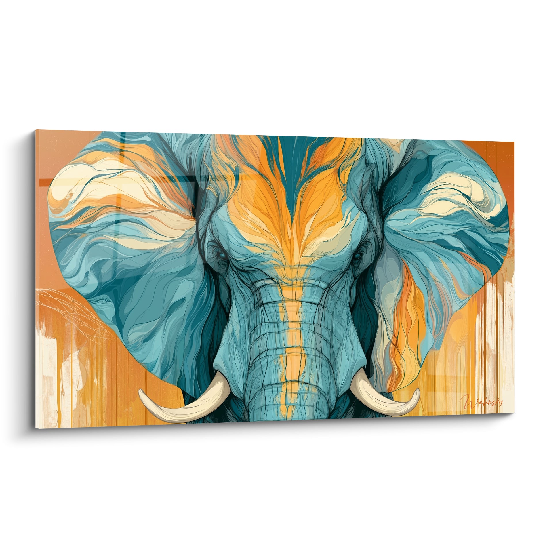 Éléphant bleu sarcelle et orange, défenses ivoire, motifs graphiques en pleine composition