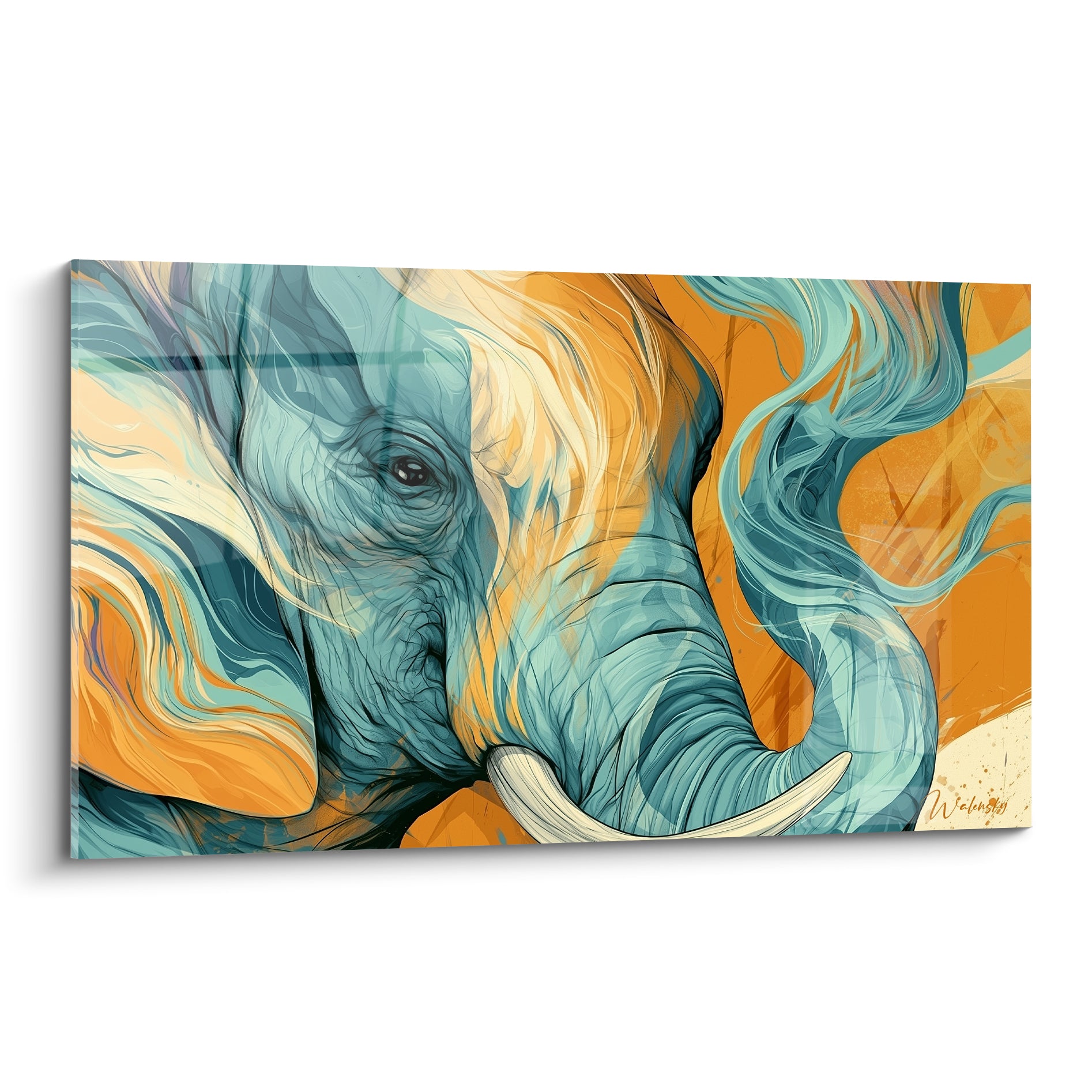 Éléphant bleu sarcelle et orange, trompe enroulée, regard perçant, style graphique détaillé