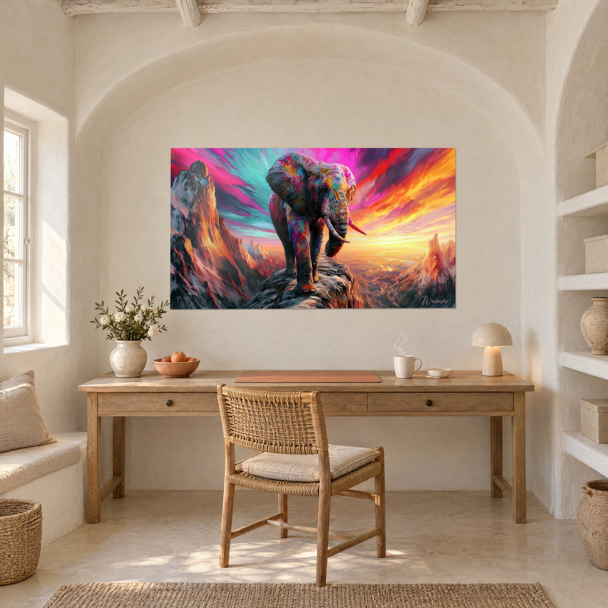 Quadro di elefante africano con orecchie punteggiate di verde e rosso, vette arancioni, appeso sopra una scrivania in legno chiaro