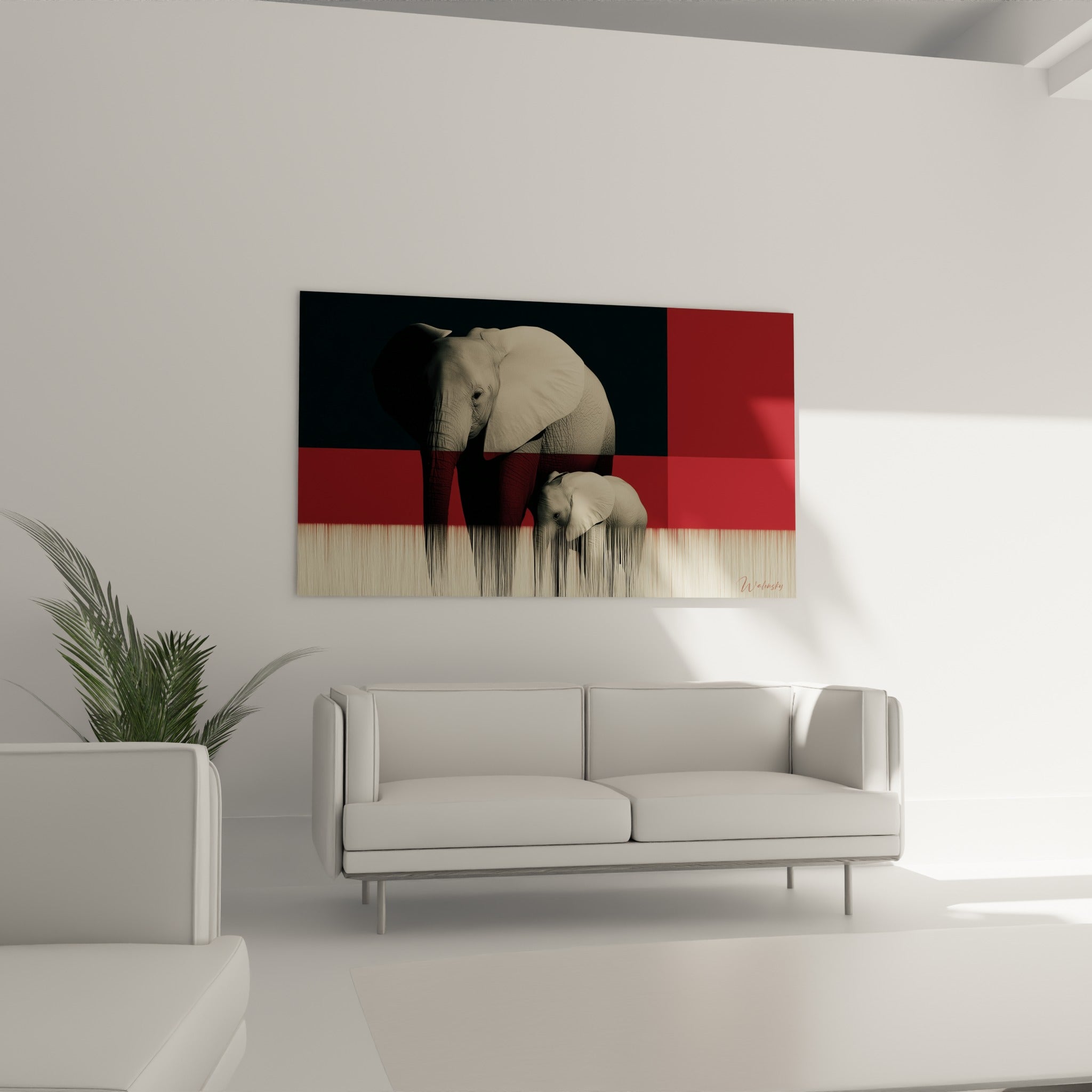 Scène animalière en niveaux de gris et bordeaux profond, disposée au-dessus d'un canapé dans un salon lumineux