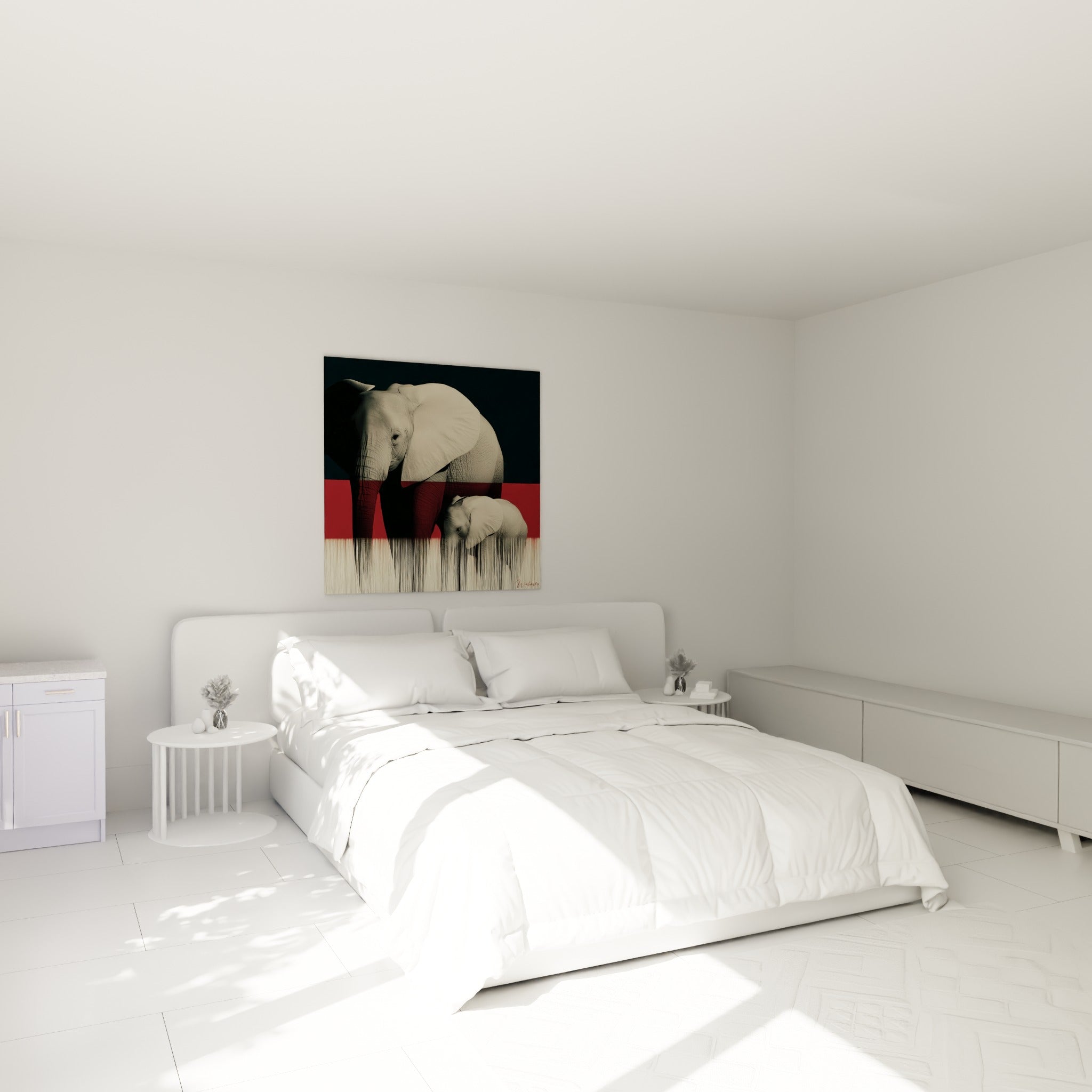 Éléphante et son petit gris et bordeaux, coulures verticales, au-dessus d'un lit dans une chambre claire