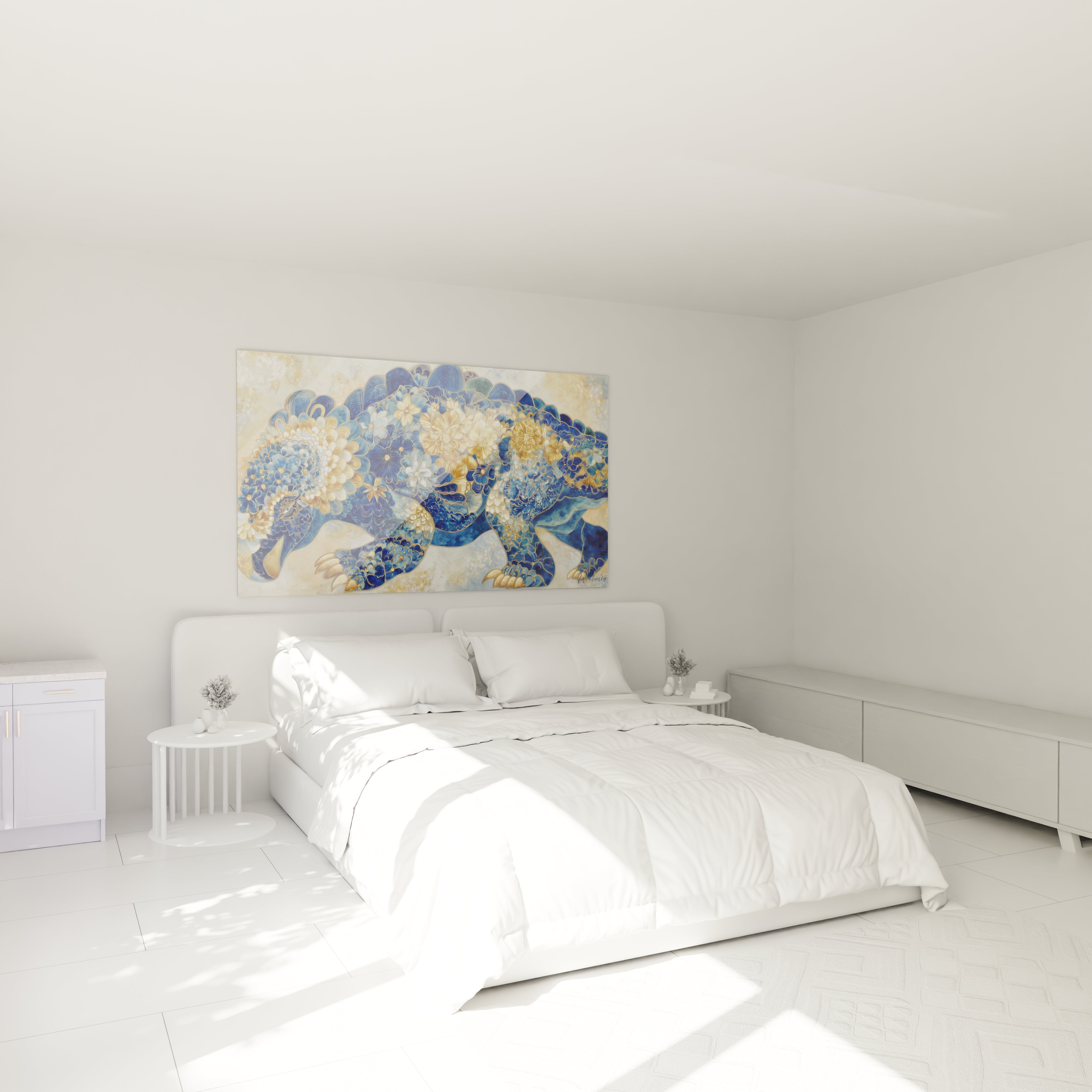 Tableau éléphant doré décoratif dans chambre moderne, décoration murale artistique ornementale