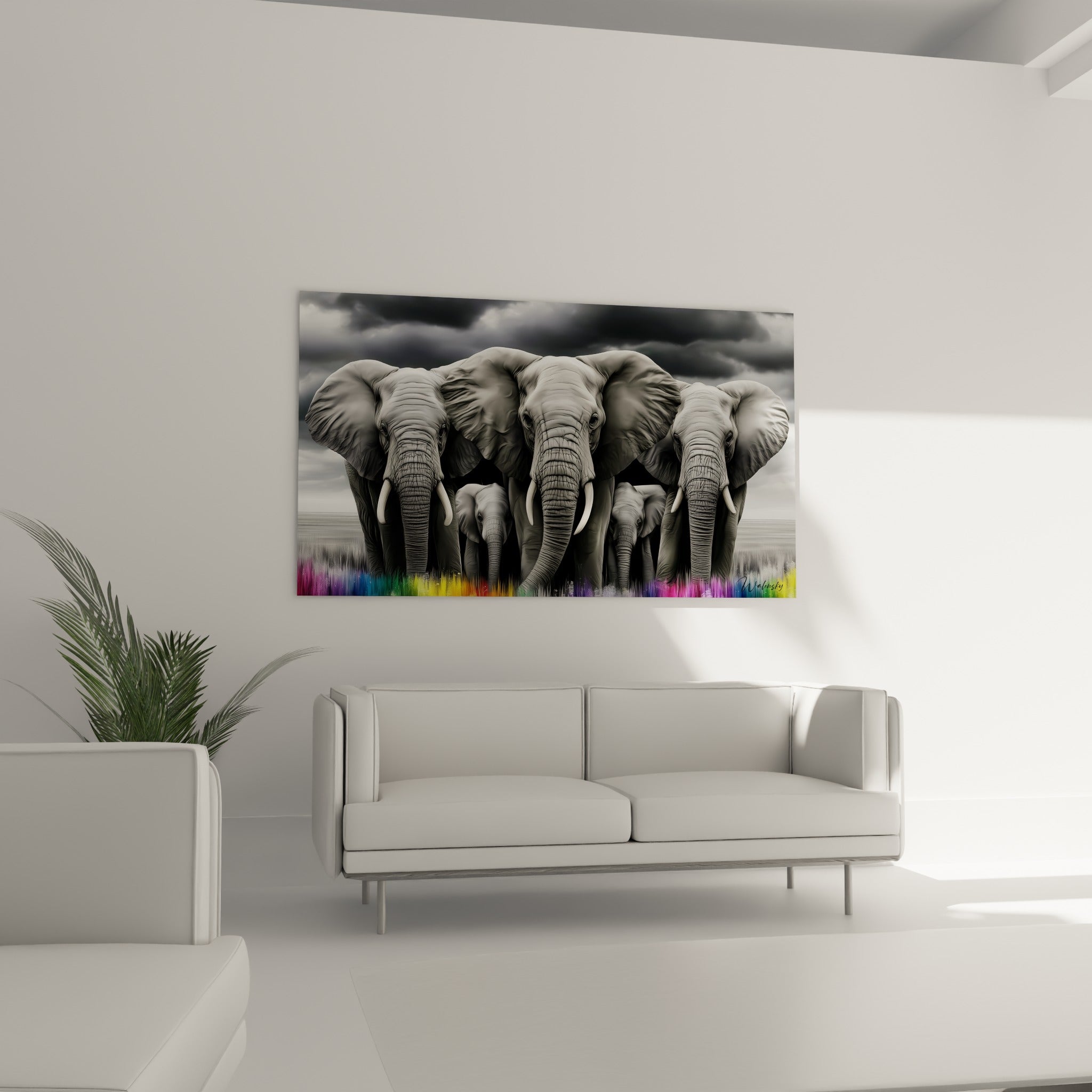 Trio d'éléphants gris entourant leurs petits, accroché au-dessus d'un canapé dans un salon lumineux