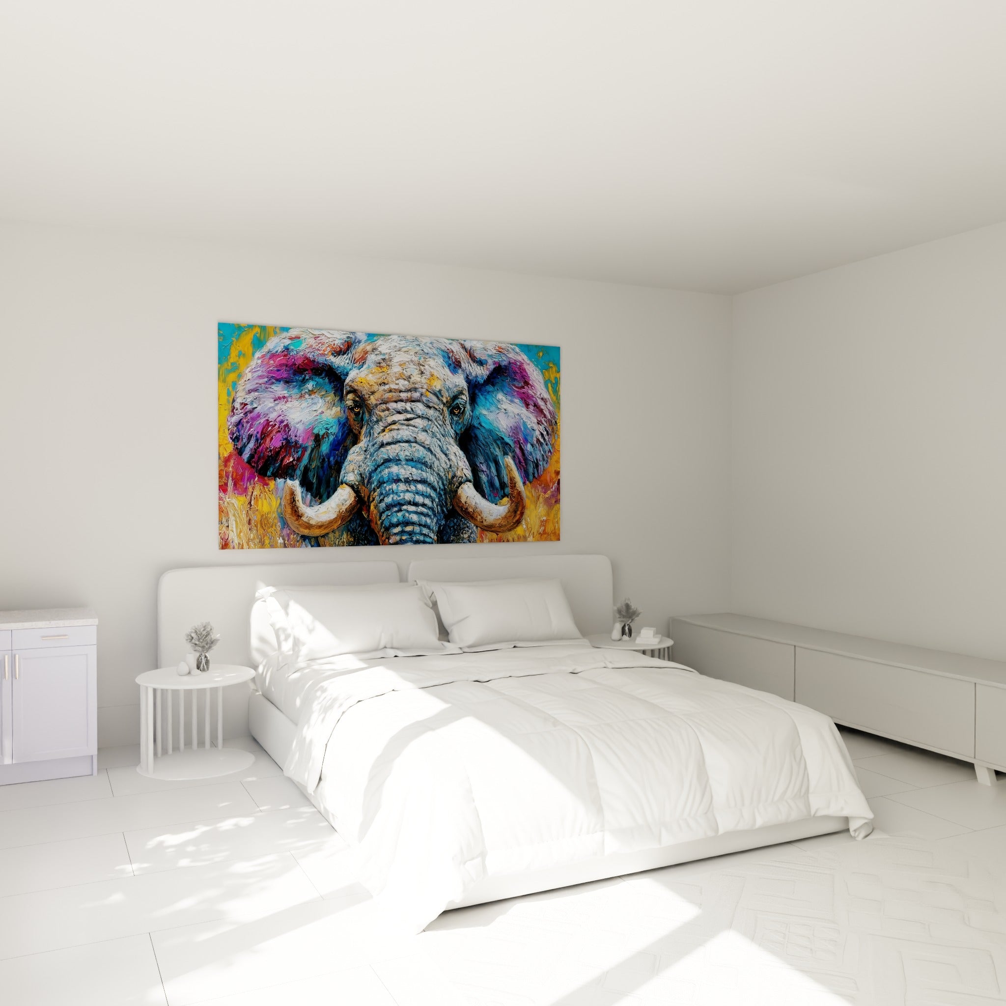 Trompe et défenses ivoire d'un éléphant bleu et ocre, au-dessus d'un lit dans une chambre claire