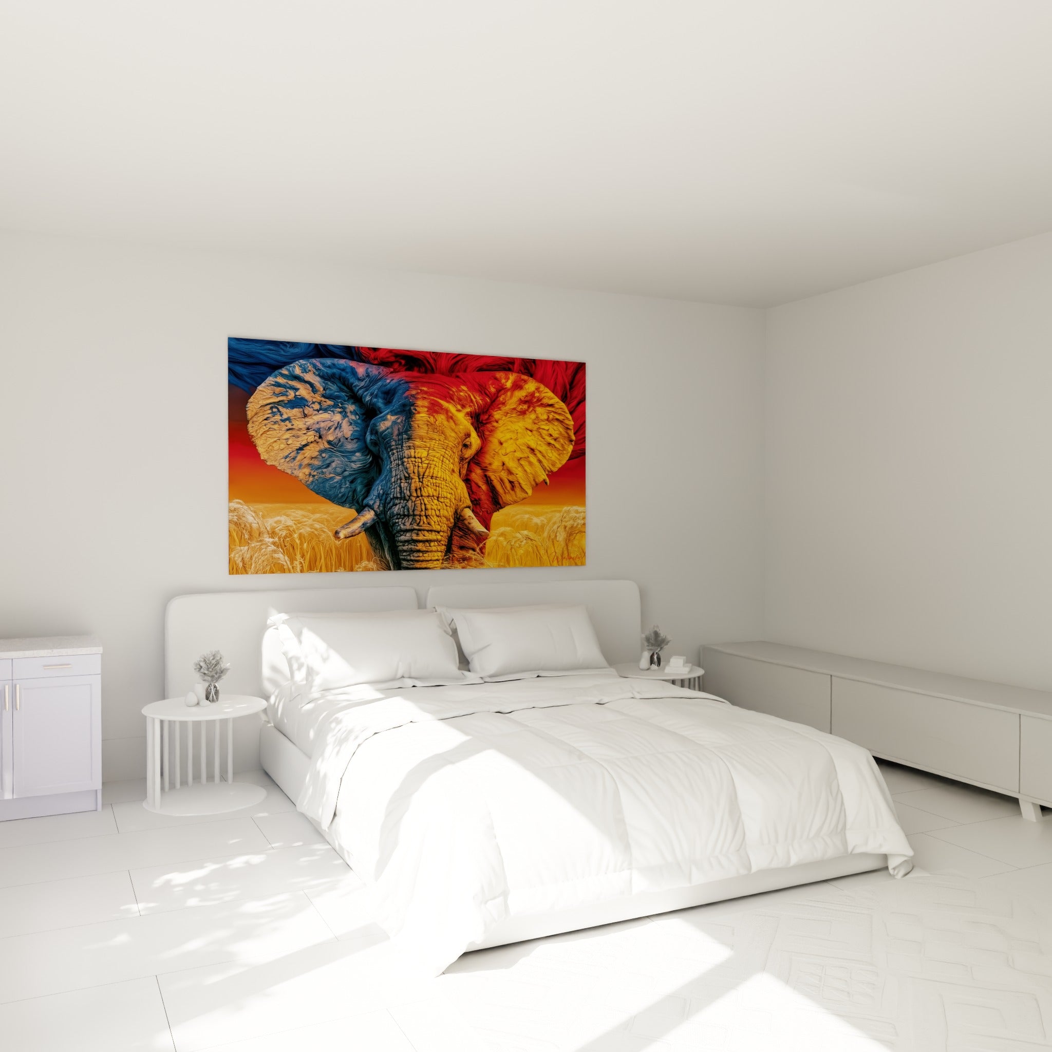 Trompe ridée et défenses ivoire sur fond bleu et ocre, œuvre au-dessus d'un lit dans une chambre claire
