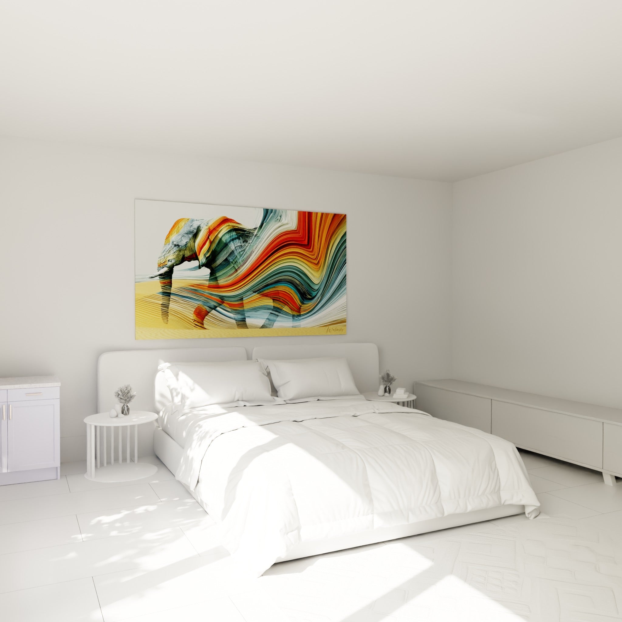 Pachyderme aux vagues ocre et bleu pétrole accroché au-dessus d'un lit dans une chambre claire.