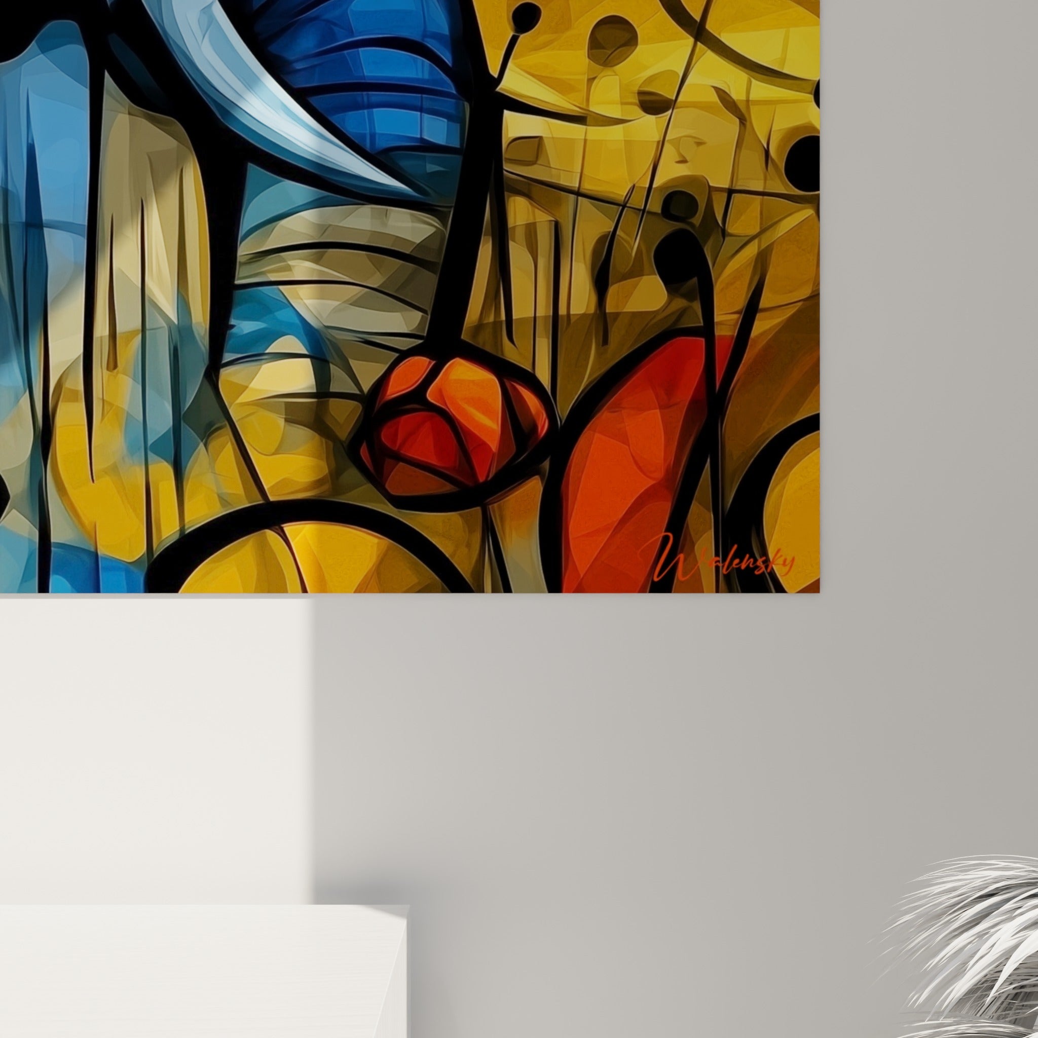 Détail des traits noirs et aplats bleu ciel et orangé composant la trompe de l'éléphant sur la toile