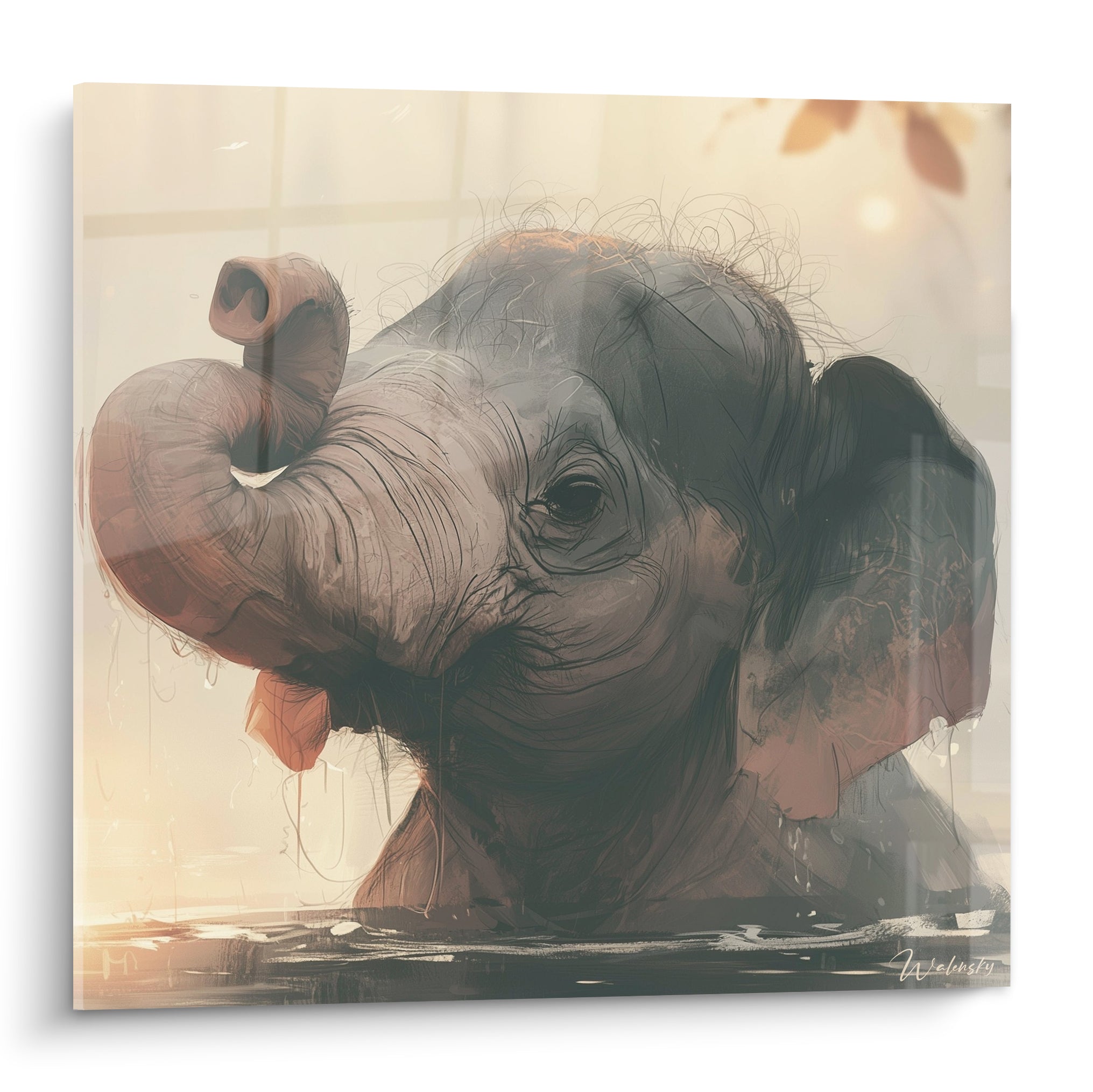 Éléphanteau gris rosé à la trompe levée, style esquissé sur fond ocre doré