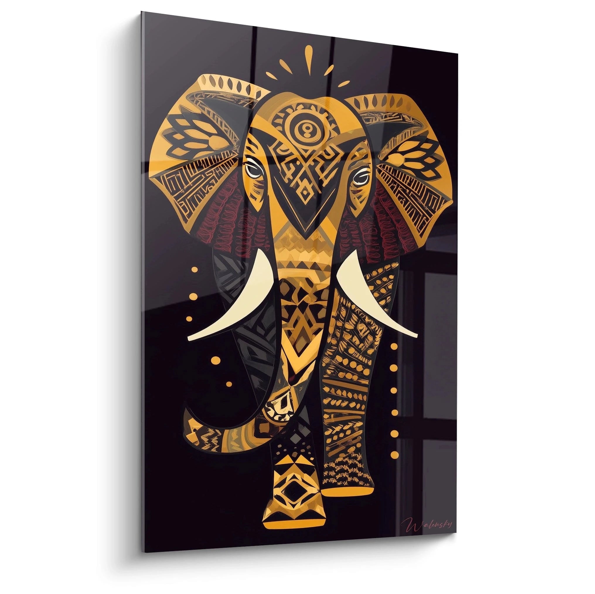 tableau éléphant art tribal Walensky fond noir motifs géométriques dorés et rouges design mural moderne