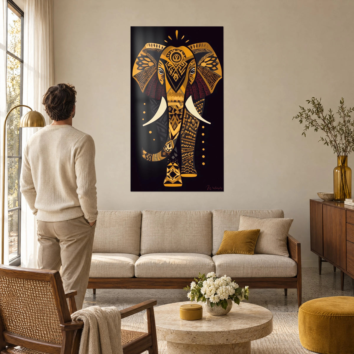 Schilderij van een olifant versierd met ockerkleurige en granaatrode tribale motieven op zwarte achtergrond, ivoren slagtanden, boven een bank in een lichte woonkamer