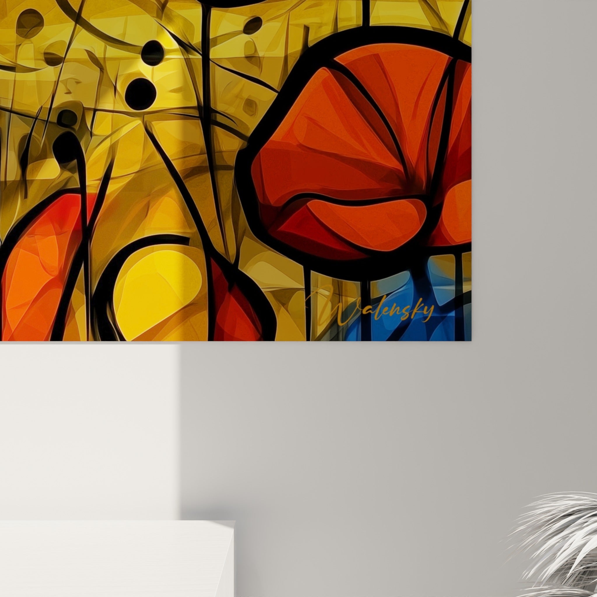 Traits noirs épais et facettes bleu orange révélant le grain de l'impression sur cette œuvre accrochée