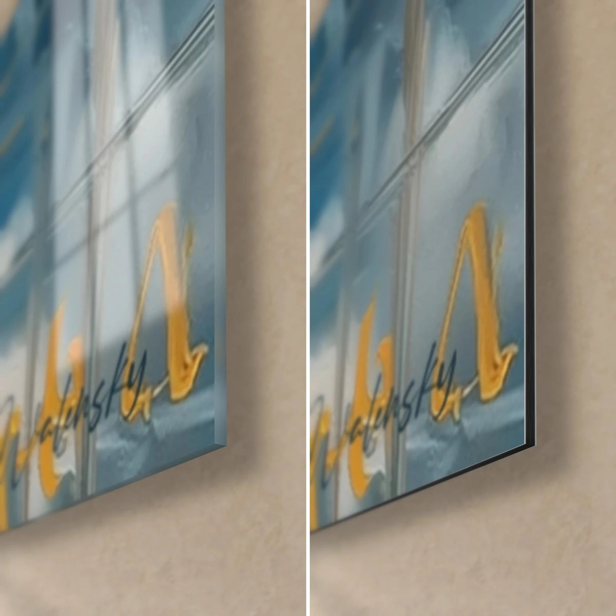 Tableau éléphant signé Walensky, coin bas droit : verre acrylique brillant aux reflets bleus, alu Dibond mat ocre, tranche de 3 mm