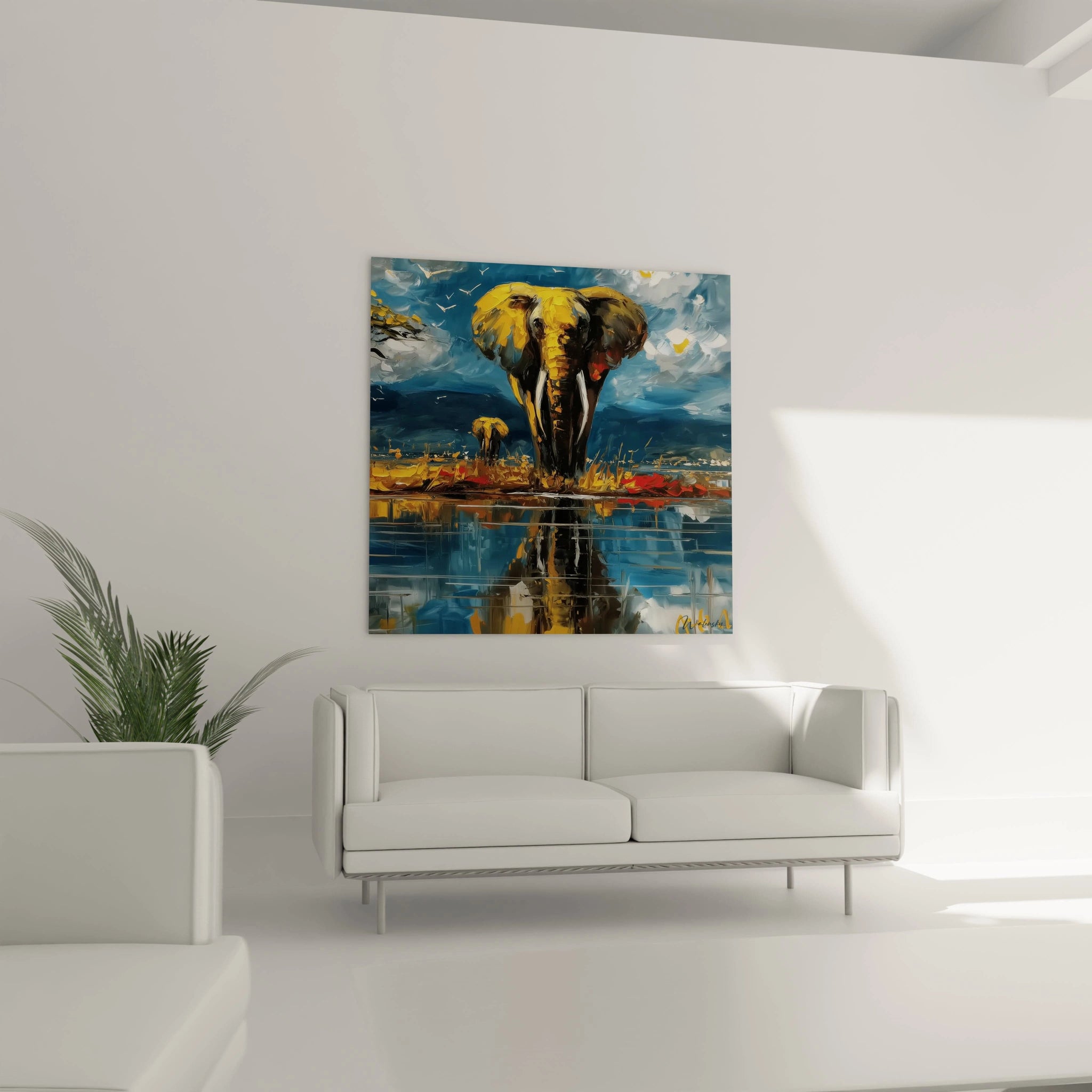 Tableau éléphant géant en couleurs vives représentant un paysage moderne et apaisant