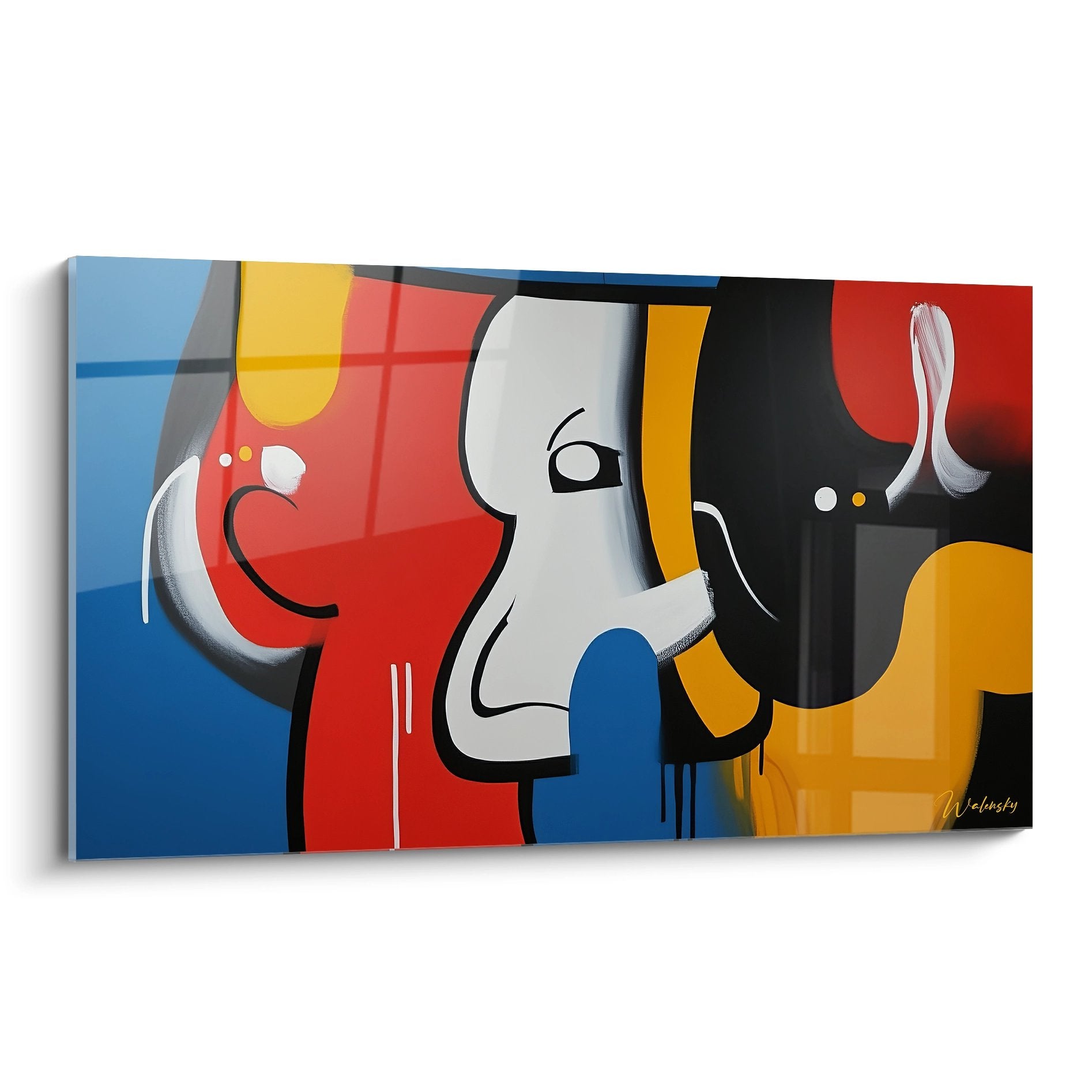 Tableau mural éléphant géométrique abstrait aux couleurs vives rouge jaune bleu décoration moderne