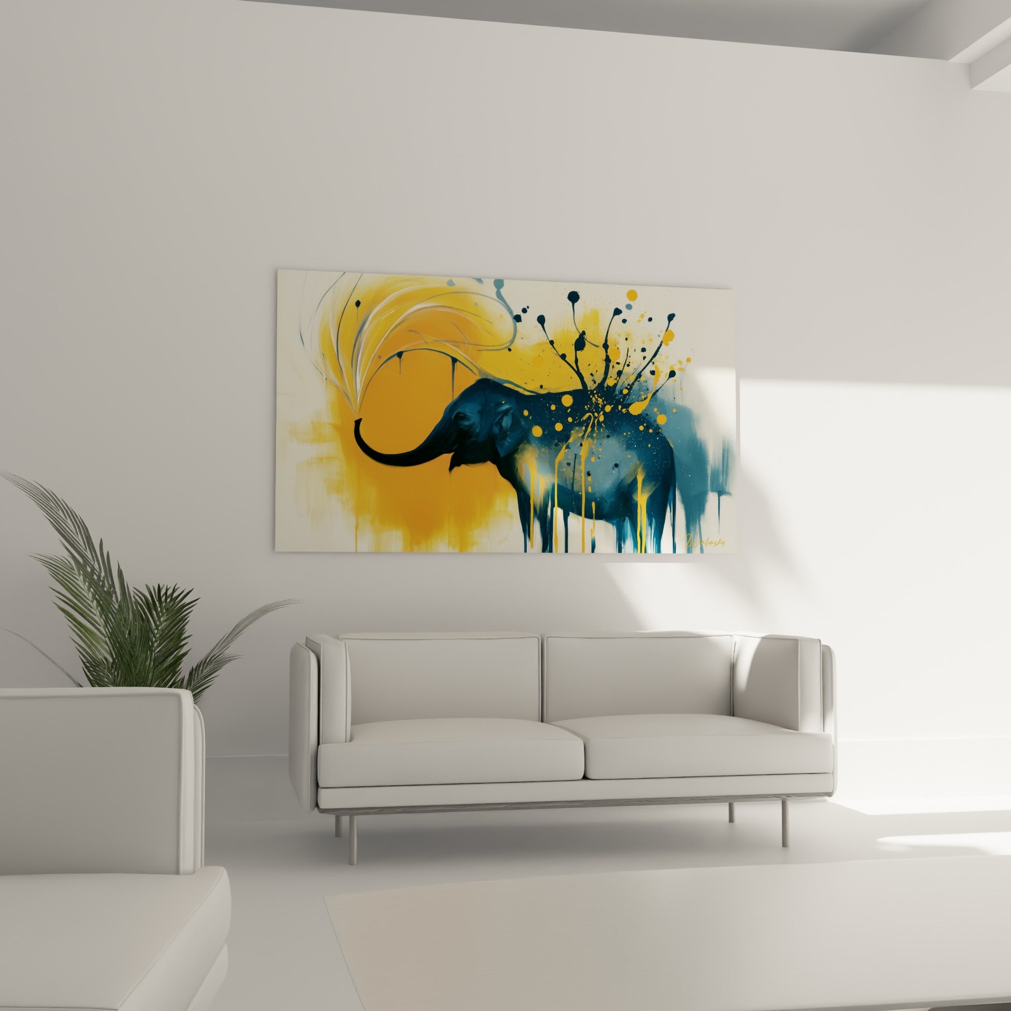 Trompe recourbée d'éléphant bleu marine entourée de gouttes dorées au-dessus d'un canapé dans un salon lumineux