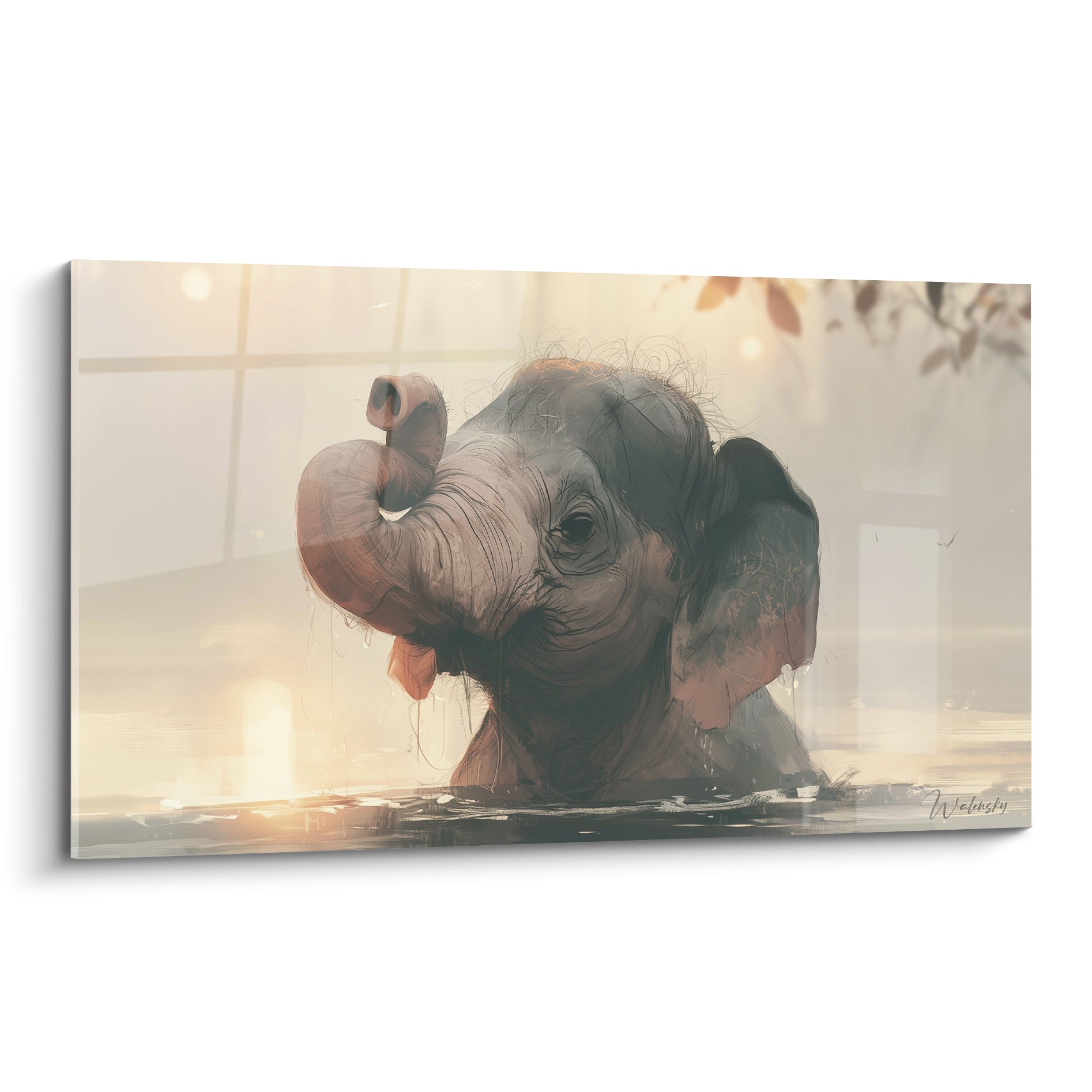 Éléphanteau gris rosé émergeant de l'eau, trompe levée, lumière dorée diffuse en fond