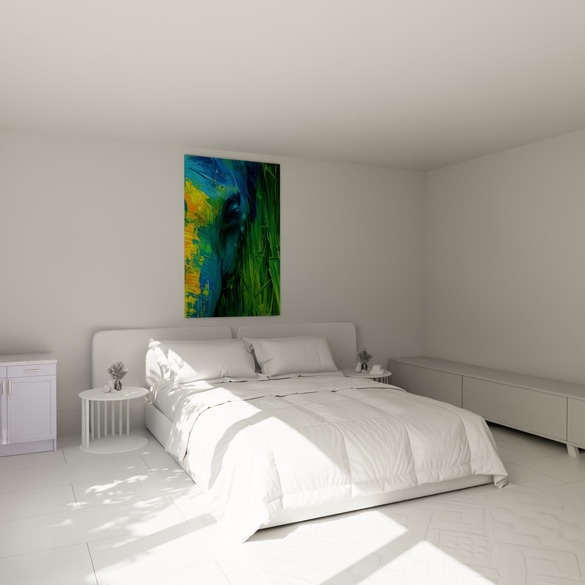 Silhouette d'éléphant bleu et vert peinte au-dessus d'un lit dans une chambre claire