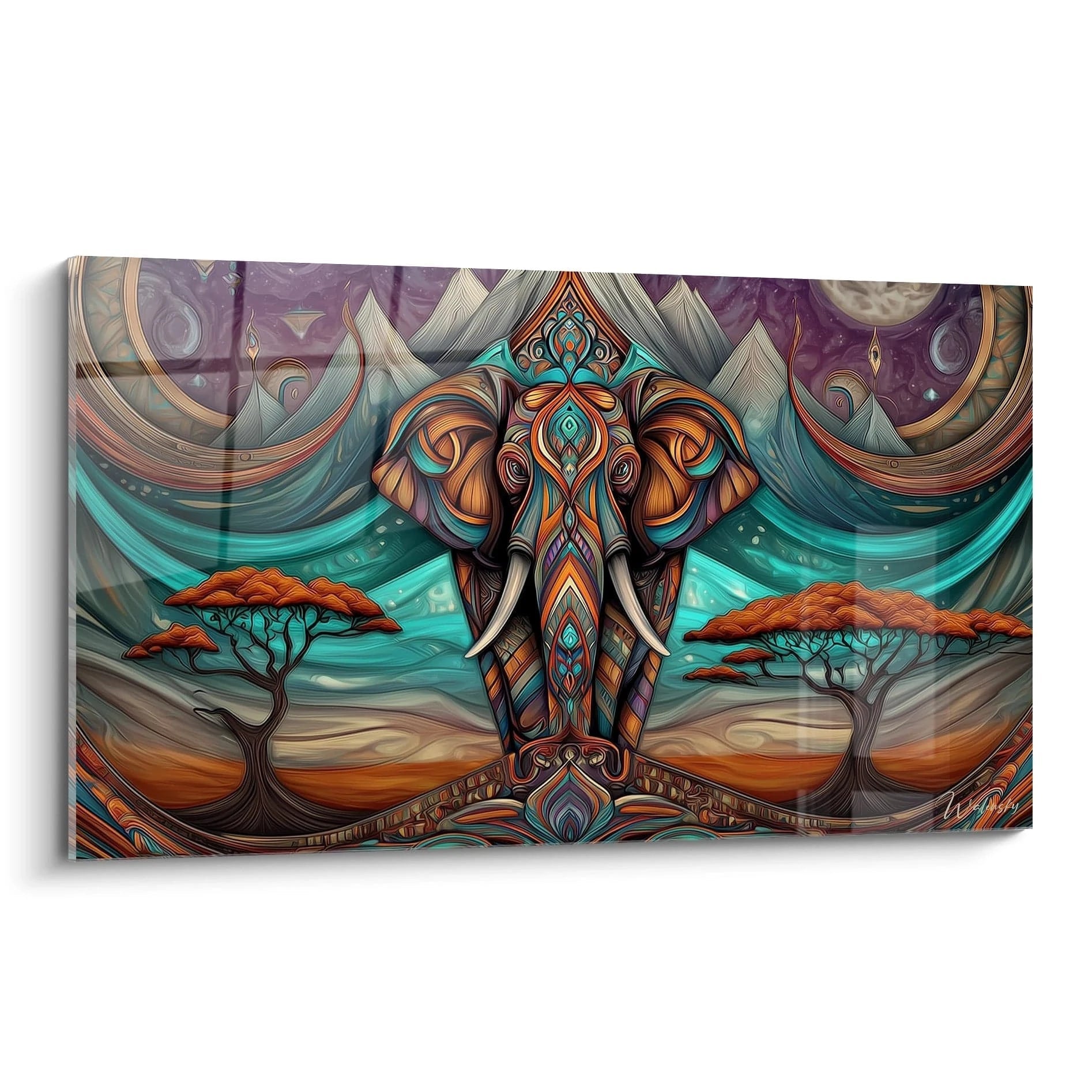 Tableau éléphant savane africaine coloré avec arbres stylisés et paysage abstrait